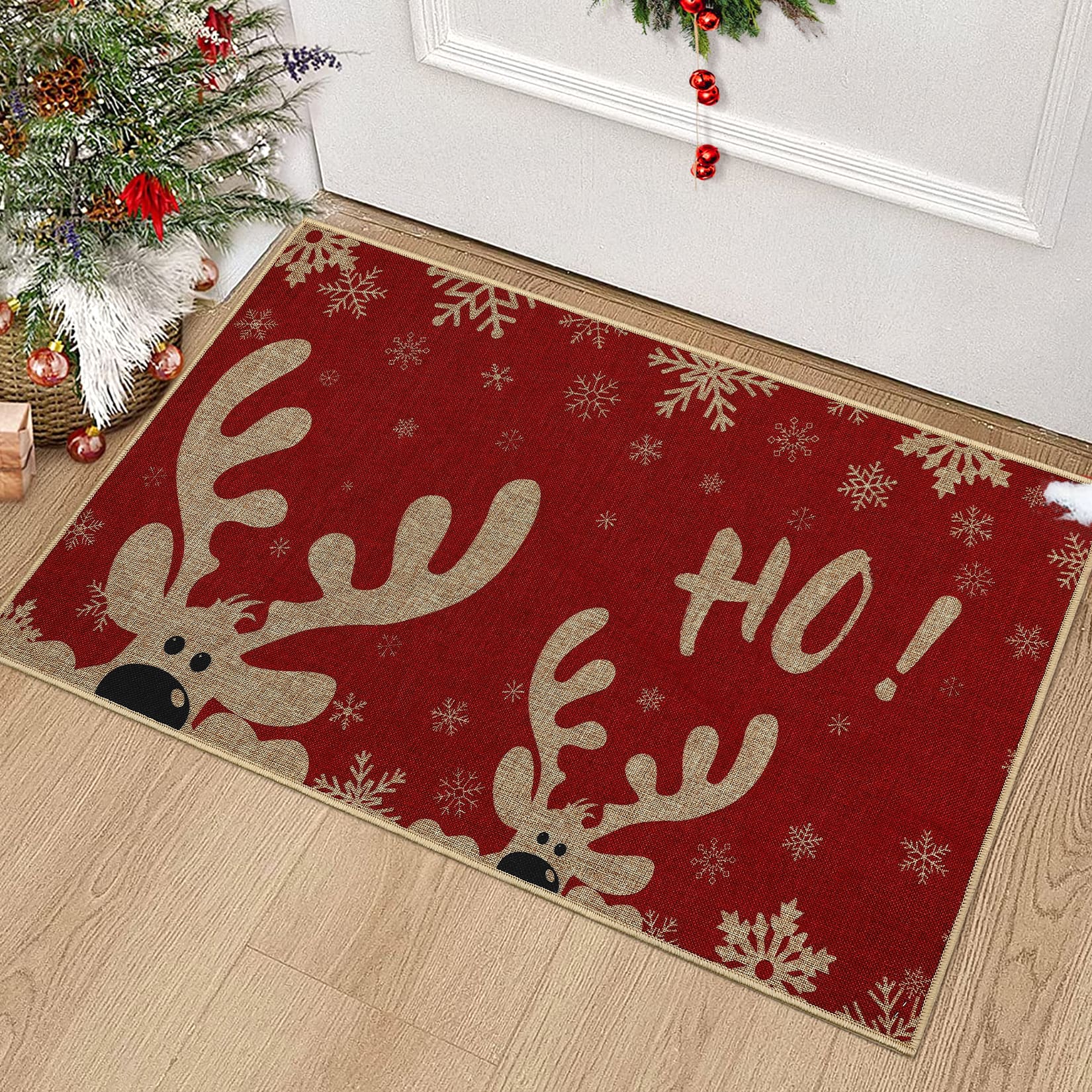 GARVEE - Christmas Welcome Doormat Non Slip Low Pile Washable Festive Floor Winter Mat for Kitchen Entrayway Bathroom - Red