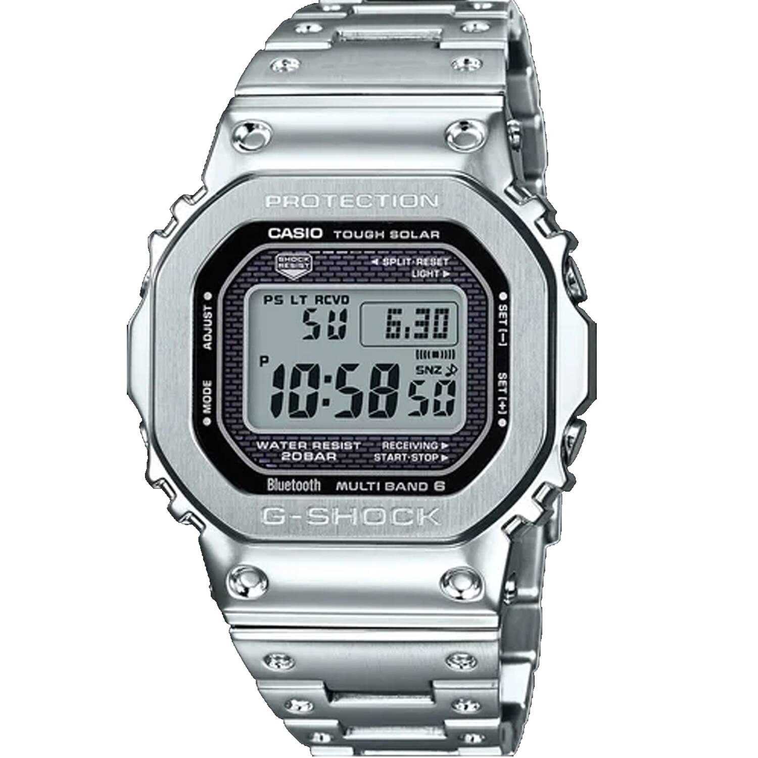 PROTECTION  
CASIO TOUGH SOLAR  
ADJUST MODE  
B-HOCK  
SPLIT-RESET  
LIGHT  
PS LT RCVD  
50  
6:30  
SNZ  
10:58  
50  
WATER RESIST  
RECEIVING  
20BAR  
START STOP  
SET  
Bluetooth  
MULTI BAND 6  
G-SHOCK