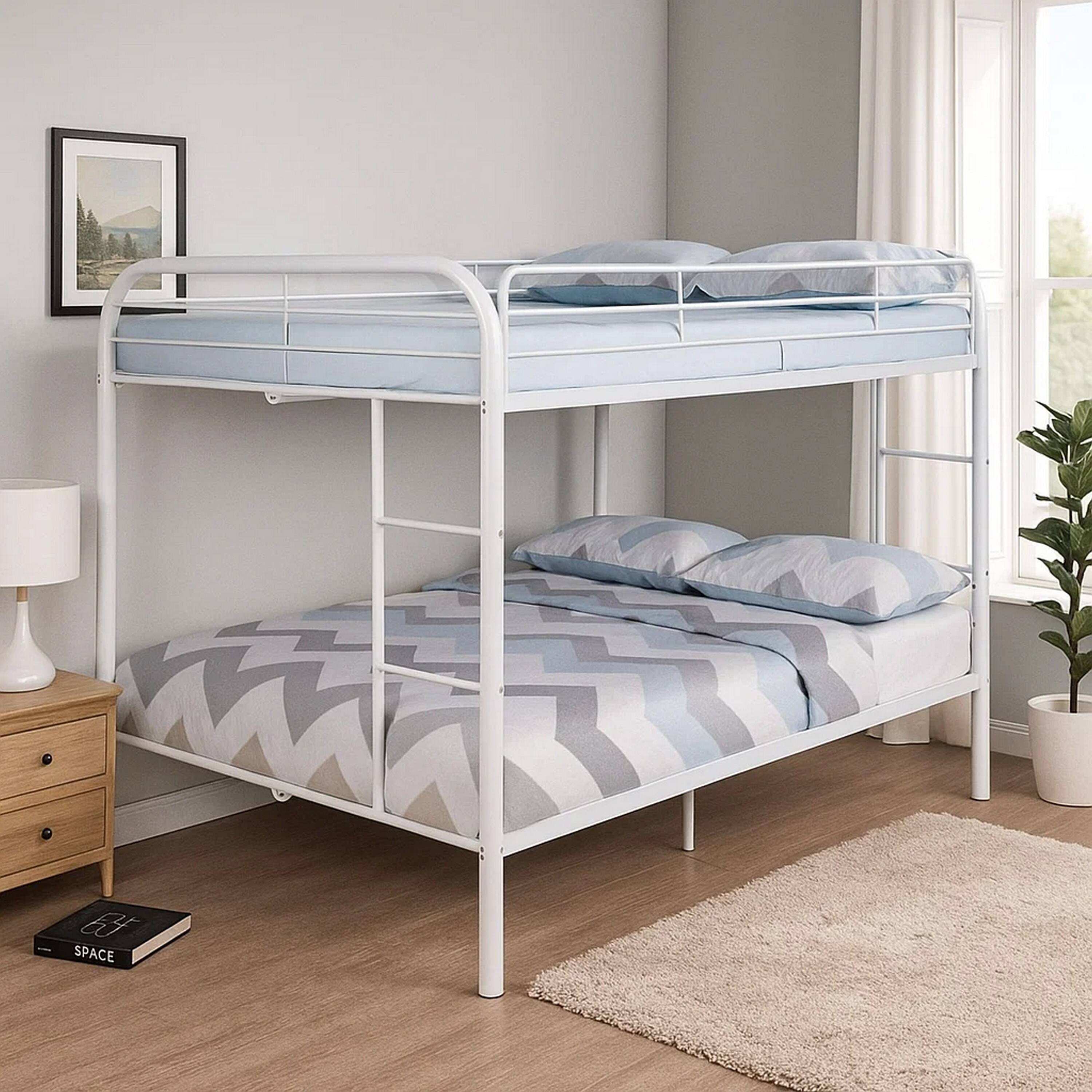 Alt View 6. Manhattan Lane - Fegy Full over Full Bunk Bed with Ladder and Rails, White Metal Frame - White.
