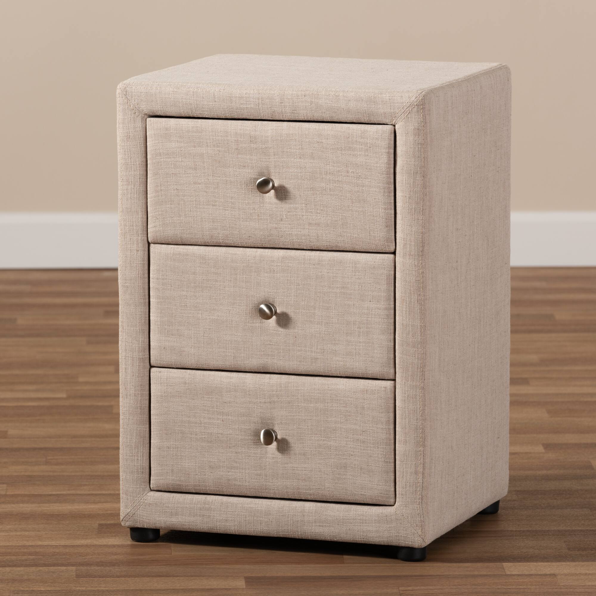 Alt View 4. Baxton Studio - Tessa Modern and Contemporary Fabric Upholstered 3-Drawer Nightstand - Beige.