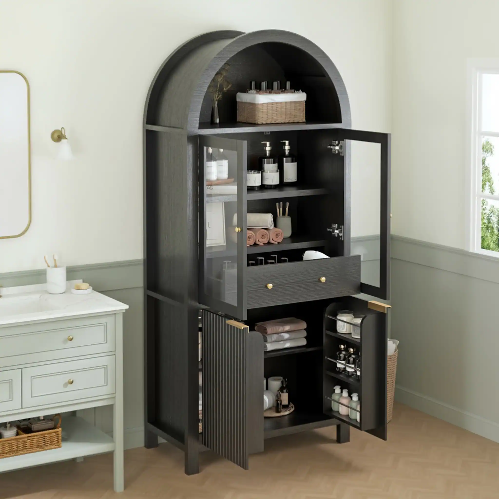 Alt View 1. Loheer - Loheer Arched Pantry Cabinet, Tall Fluted Black Pantry Cabinet with Glass Doors, Drawer, Adjustable Shelves, 71in - Black.