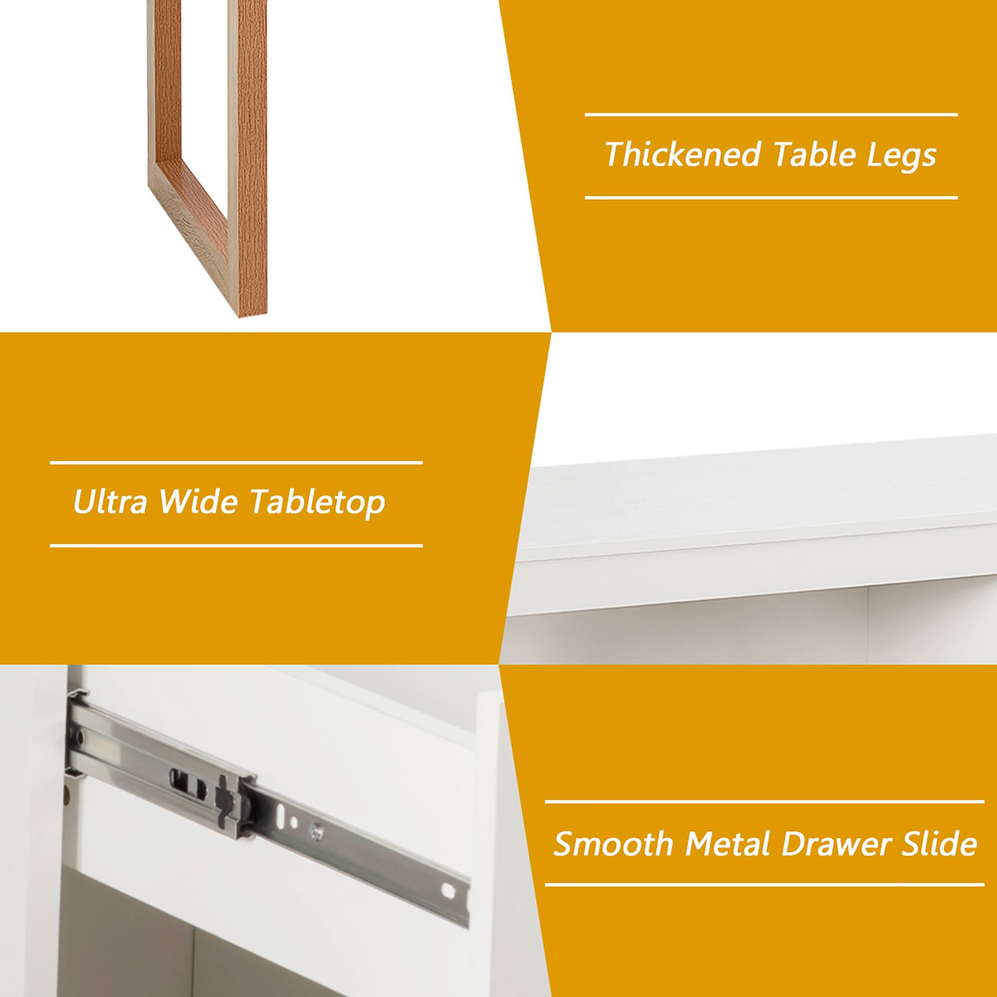 - Thickened Table Legs
- Ultra Wide Tabletop
- Smooth Metal Drawer Slide