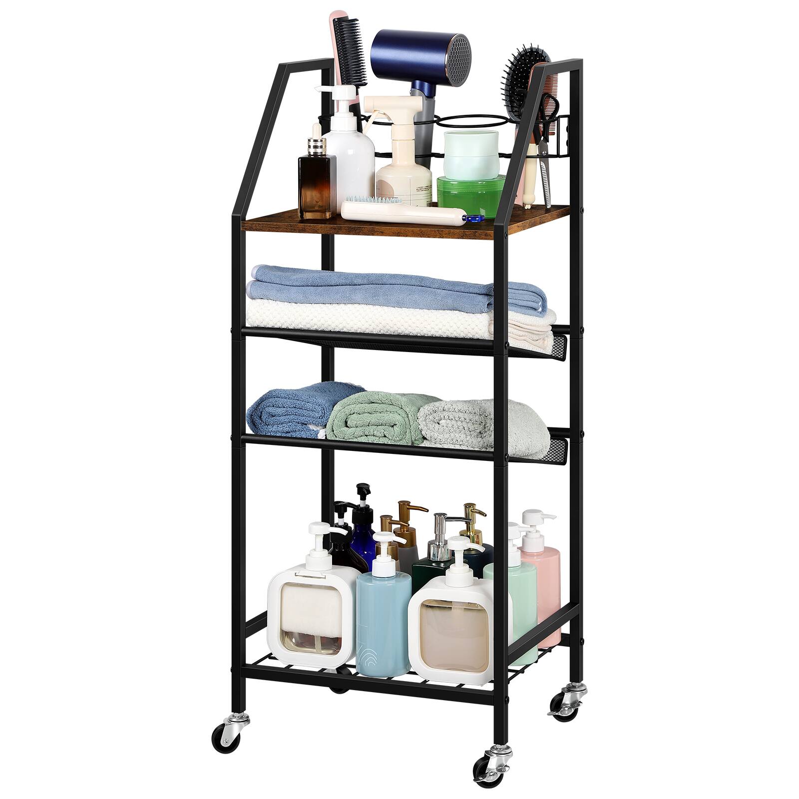 Alt View 1. Oumilen - 5-Tier Rolling Storage Cart with Wood Top, Black Metal Frame & Accessories，Brown - Brown.