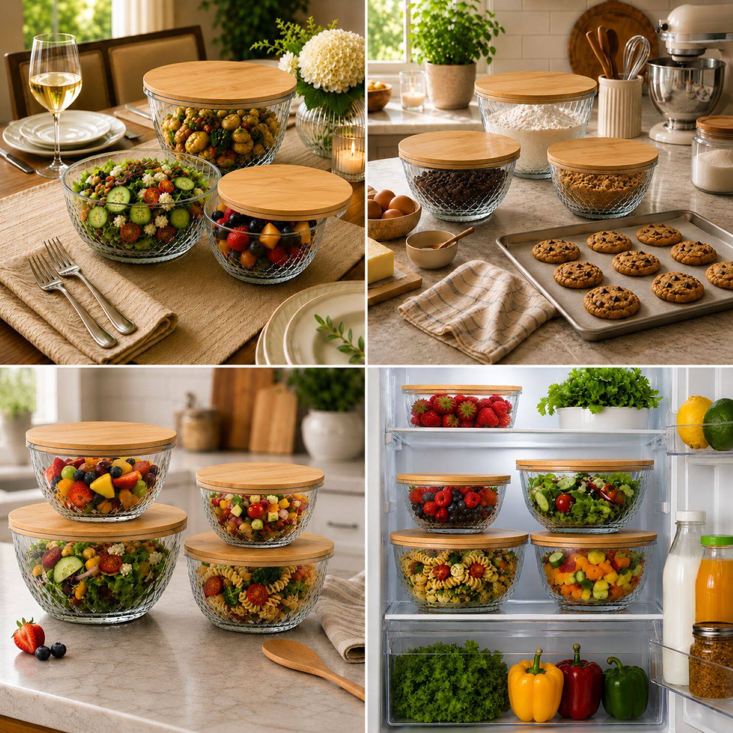 Back. Sorbus - Sorbus 4-Piece Glass Diamond Textured Bowl Set with Bamboo Lids, Mixing & Storage Microwave, Dishwasher & Freezer Safe.