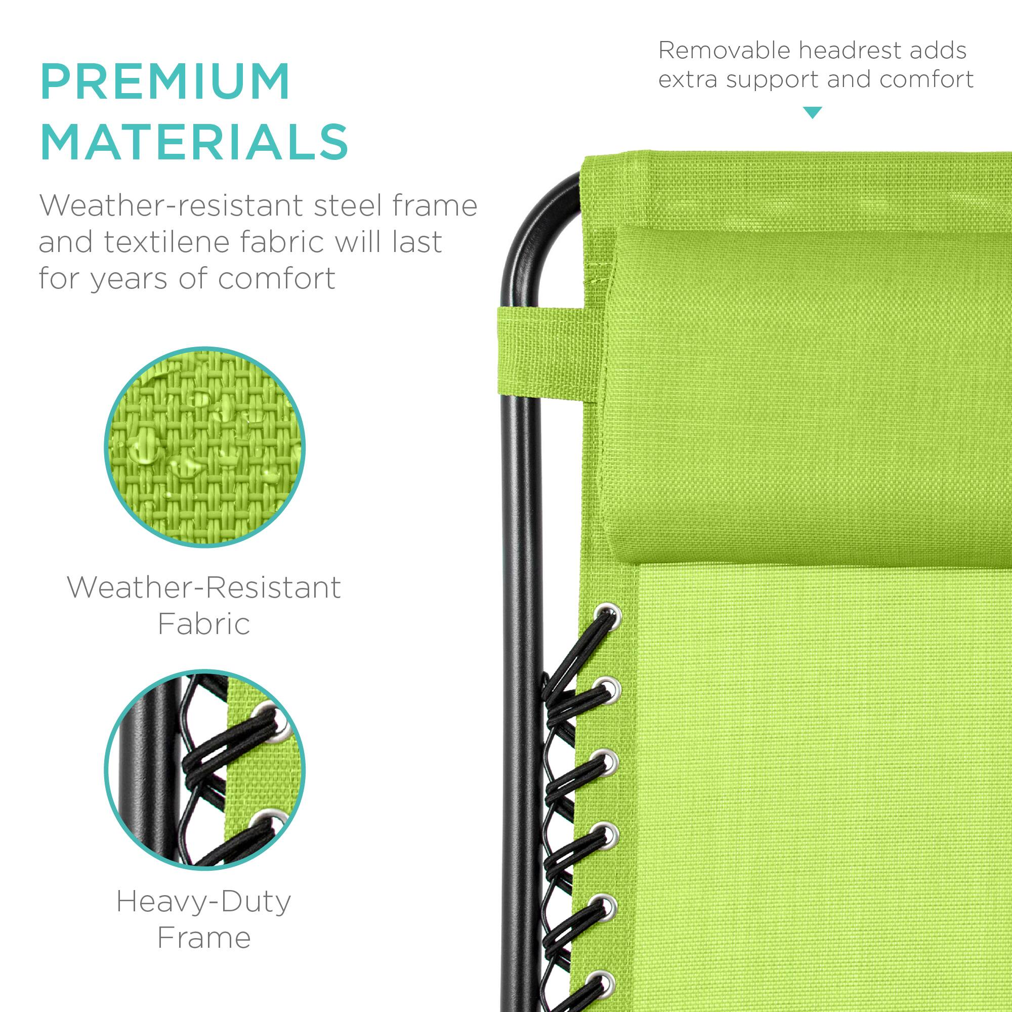 **PREMIUM MATERIALS**

Weather-resistant steel frame and textilene fabric will last for years of comfort

- Weather-Resistant Fabric
- Heavy-Duty Frame

Removable headrest adds extra support and comfort