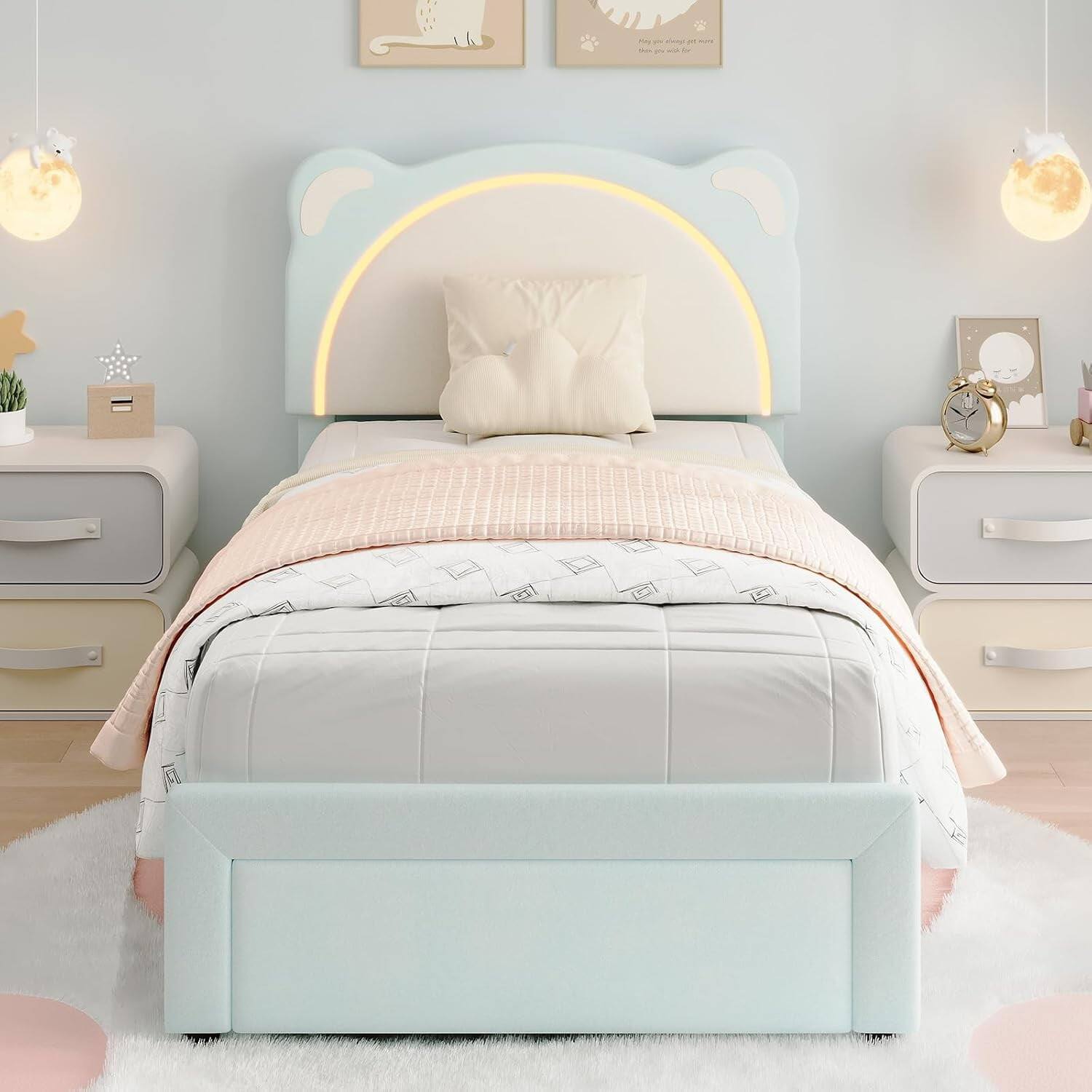 Angle. GARVEE - Twin-XL Upholstered Bed with LED Headboard & Storage Drawer, Blue – Modern LED Lighting & Convenient Storage - Blue with Drawer.