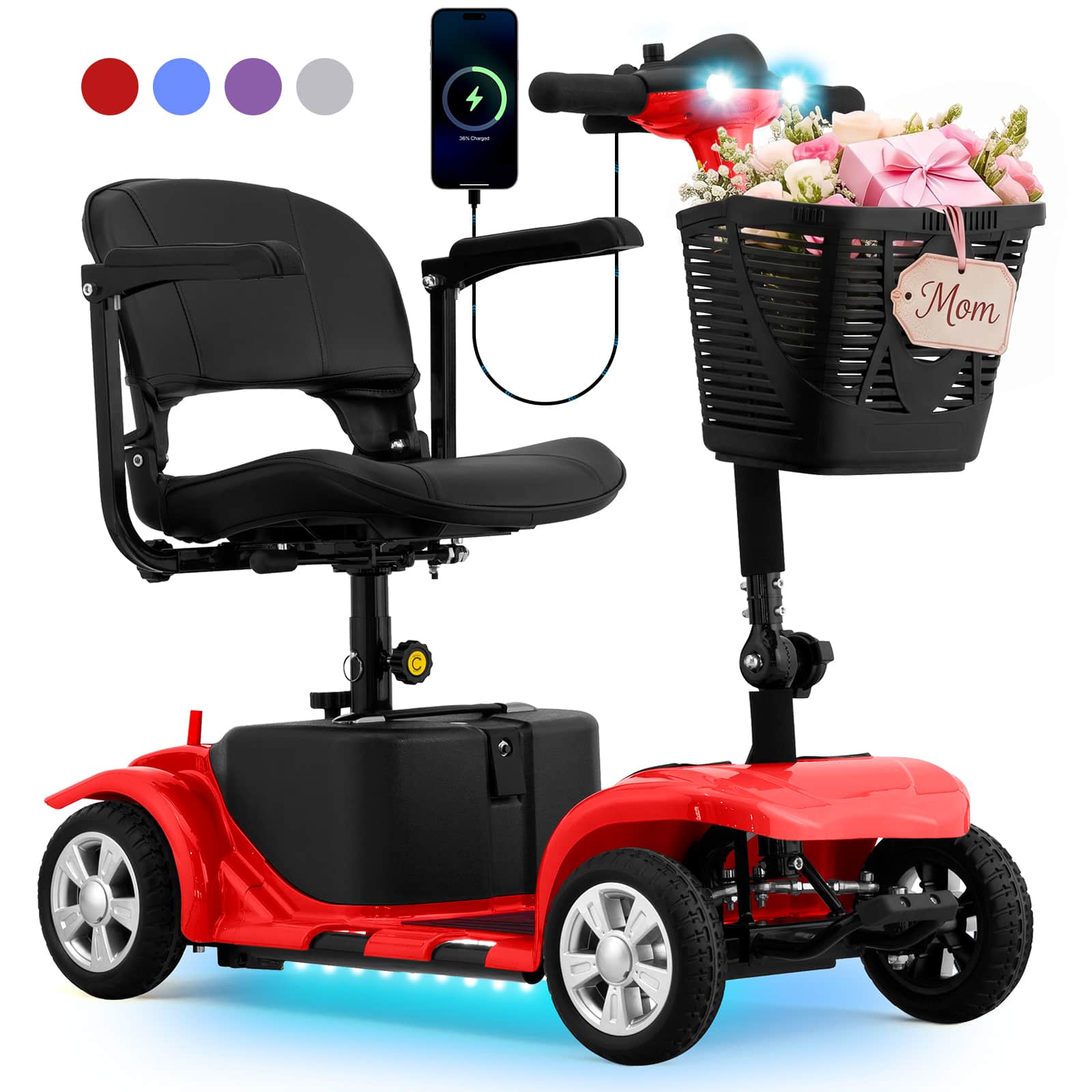 Hover Heart - Heavy Duty 4 Wheel Mobility Scooter for Adults & Seniors - Portable Electric Travel Scooter with Seat, LED Light, Basket - Red