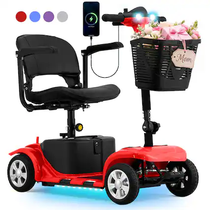 Front. Hover Heart - Heavy Duty 4 Wheel Mobility Scooter for Adults & Seniors - Portable Electric Travel Scooter with Seat, LED Light, Basket - Red.