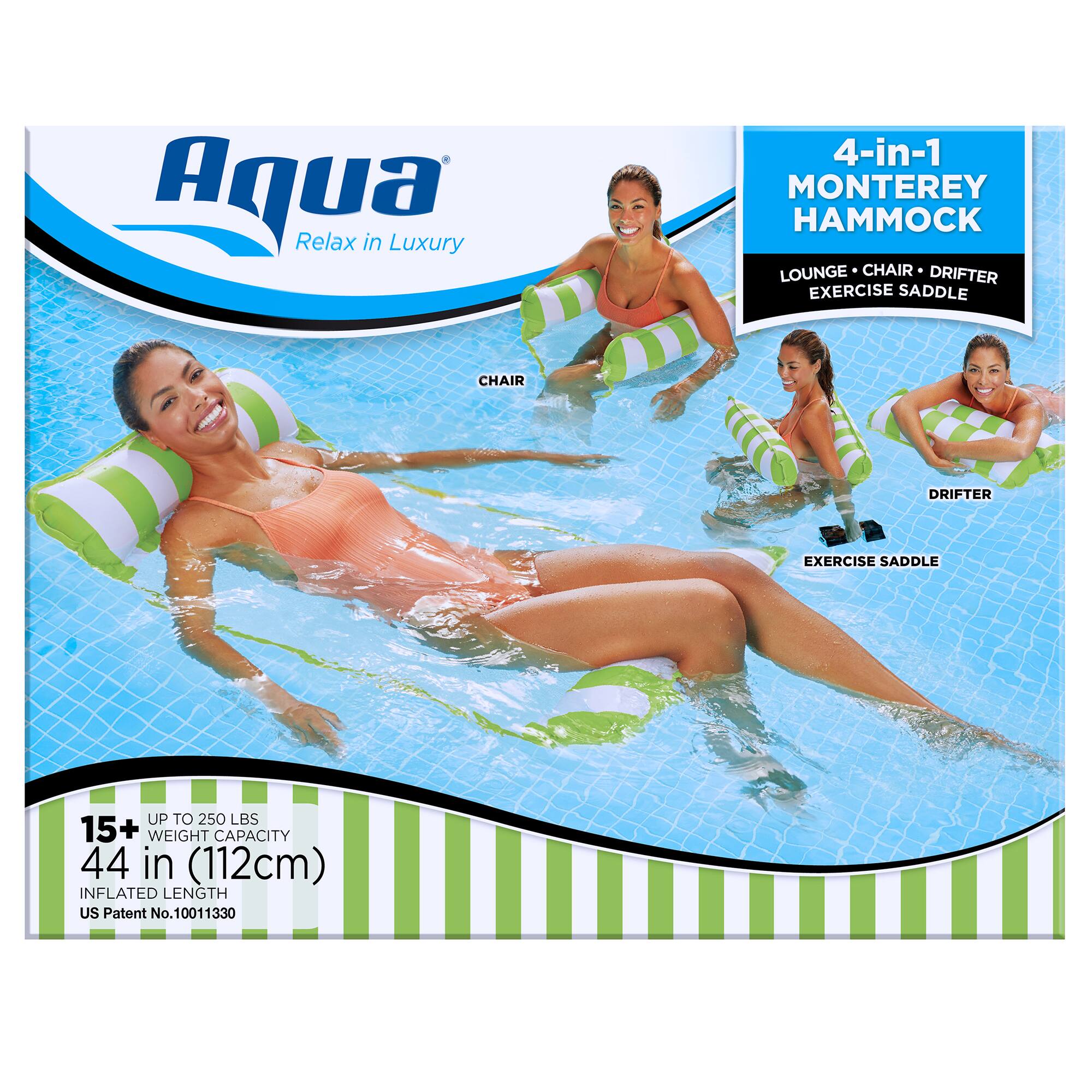 Aqua Relax in Luxury 4-in-1 Monterey Hammock Lounge Chair Drifter Exercise Saddle Up to 250 lbs 15+ Weight Capacity 44 in (112cm) Inflated Length US Patent No.10011330