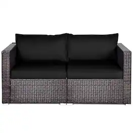 Costway - 2PCS Patio Rattan Corner Sofa Sectional Furniture Set Cushion - Black