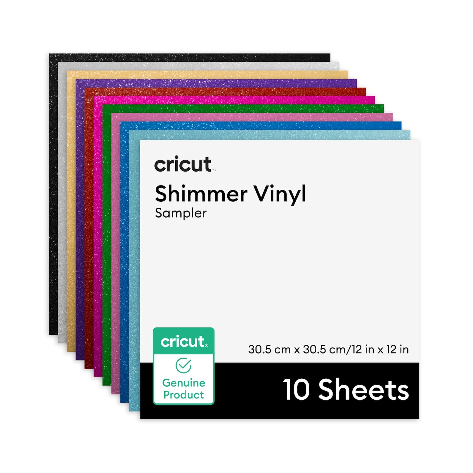 cricut.  
Shimmer Vinyl Sampler  

30.5 cm x 30.5 cm / 12 in x 12 in  

10 Sheets  

Genuine Product