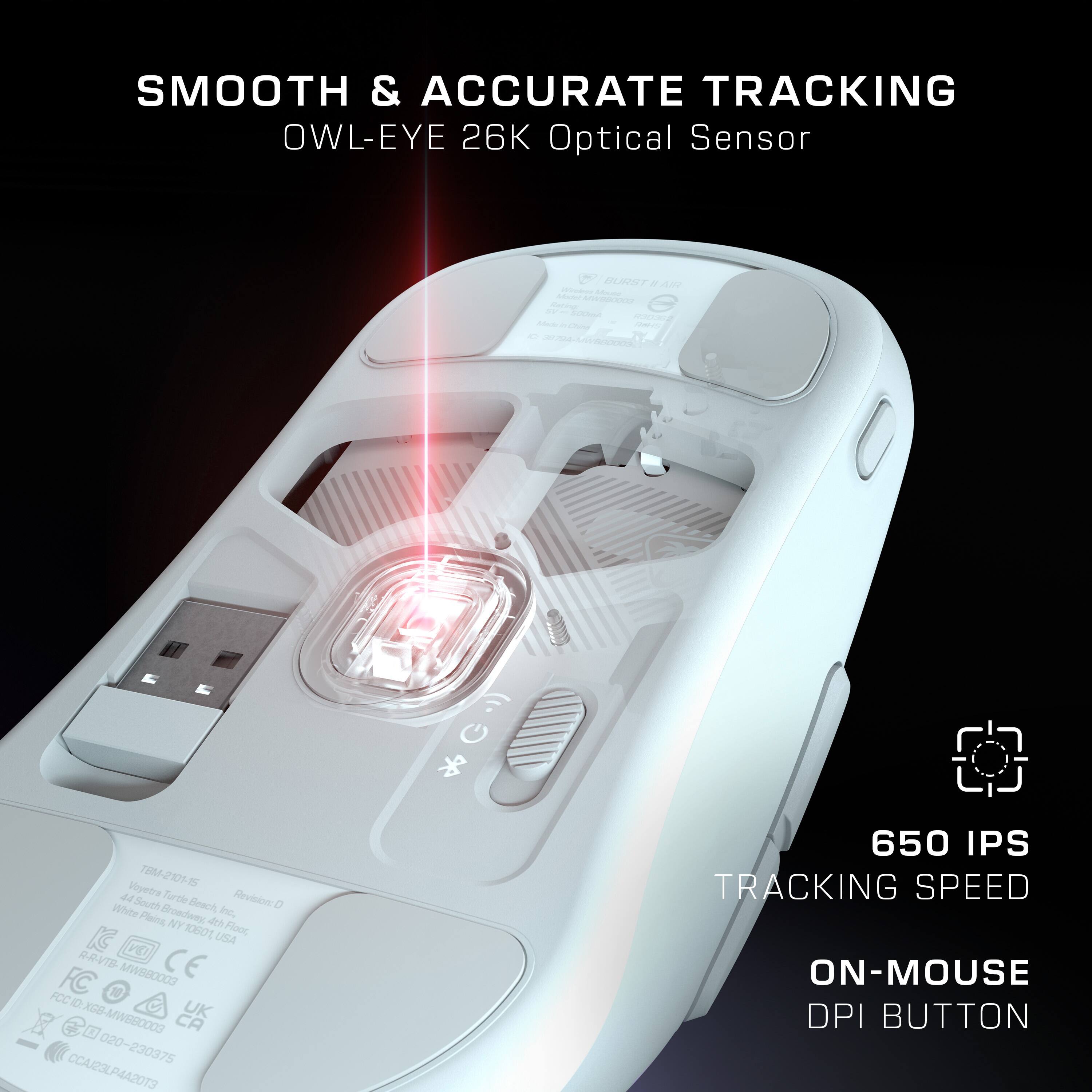 SMOOTH & ACCURATE TRACKING OWL-EYE 26K Optical Sensor 650 IPS TRACKING SPEED ON-MOUSE DPI BUTTON
