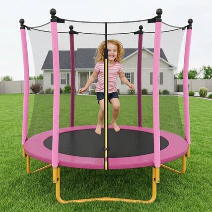 Front. Whisen - 5.5FT Outdoor Trampline for Kids with Safety Enclosure,U-Shaped Legs and Foam Padded Poles - Pink.