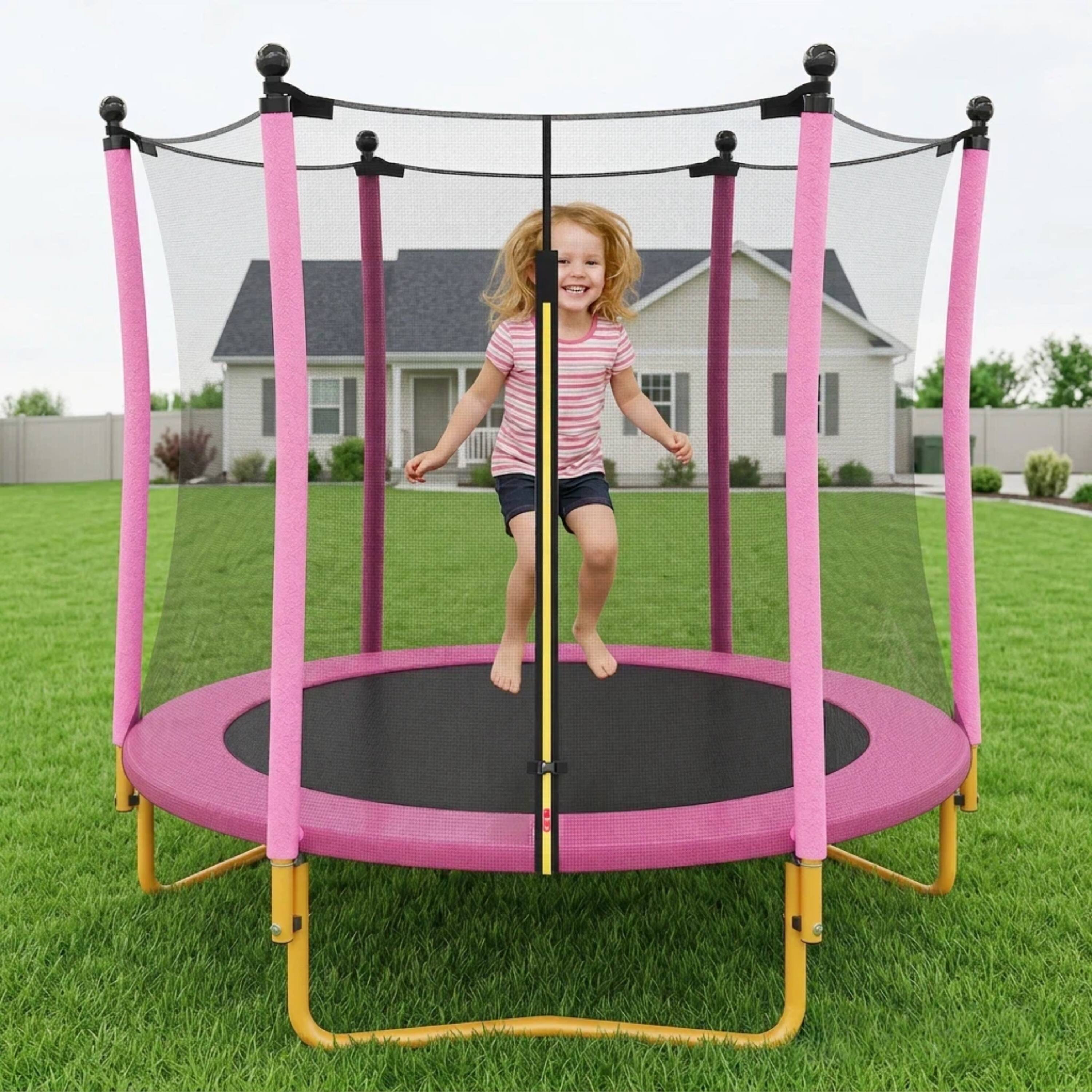 Front. Whisen - 5.5FT Outdoor Trampline for Kids with Safety Enclosure,U-Shaped Legs and Foam Padded Poles - Pink.