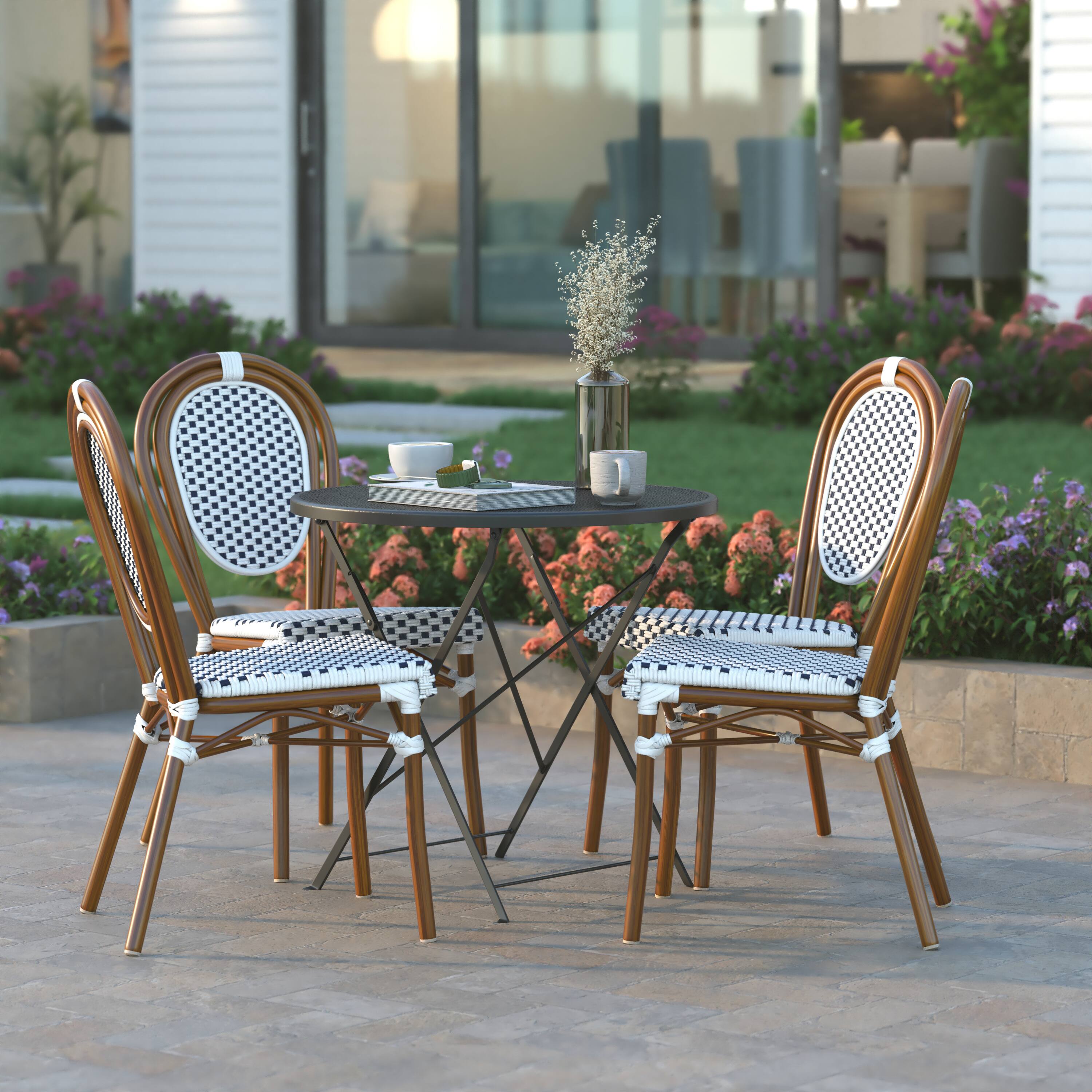 Alt View 4. Emma + Oliver - Colmar Set of Four Indoor/Outdoor Stacking Thonet Bistro Style Chairs with PE Rattan Seat and Metal Frame - White & Navy/Natural Frame.