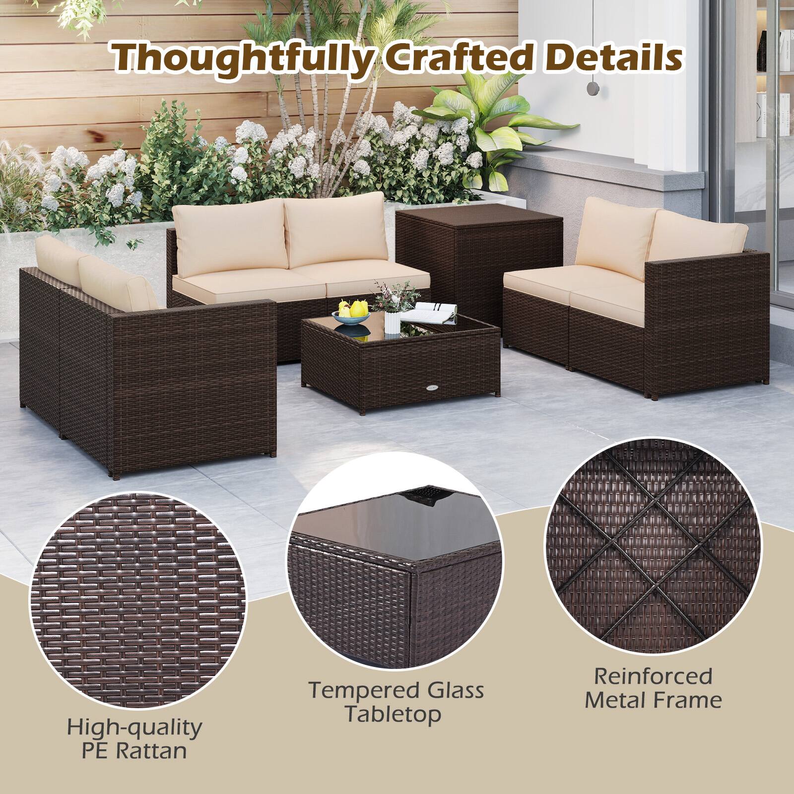 Thoughtfully Crafted Details: High-quality PE Rattan, Tempered Glass Tabletop, Reinforced Metal Frame.