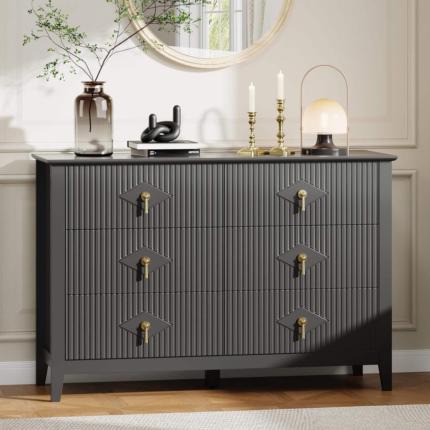 GARVEE - Fluted Dresser 47" Wide, 6-Drawer Modern Wood Chest for Bedroom, Stylish Storage Organizer Cabinet for Living Room - Black