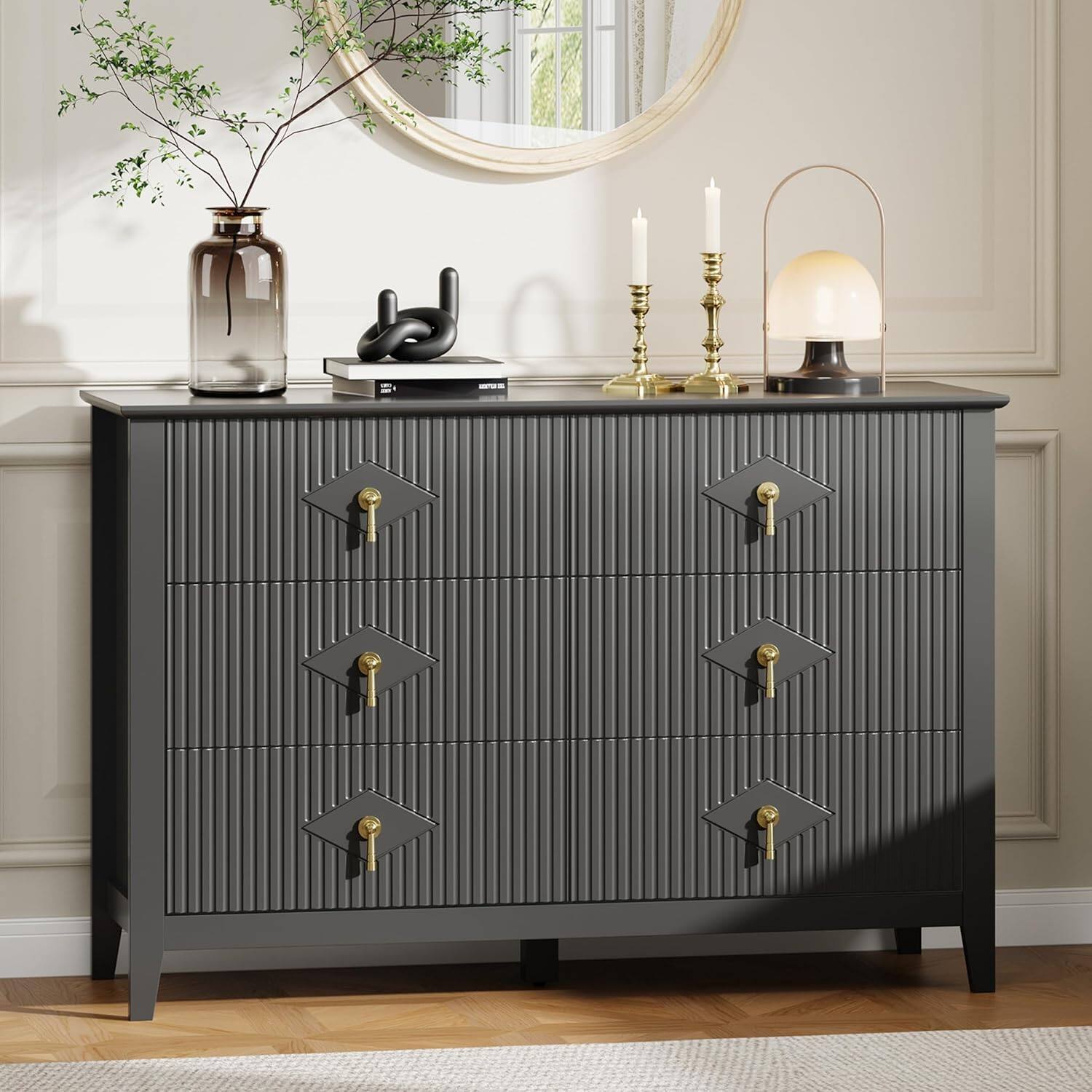 Front. GARVEE - Fluted Dresser 47" Wide, 6-Drawer Modern Wood Chest for Bedroom, Stylish Storage Organizer Cabinet for Living Room - Black.