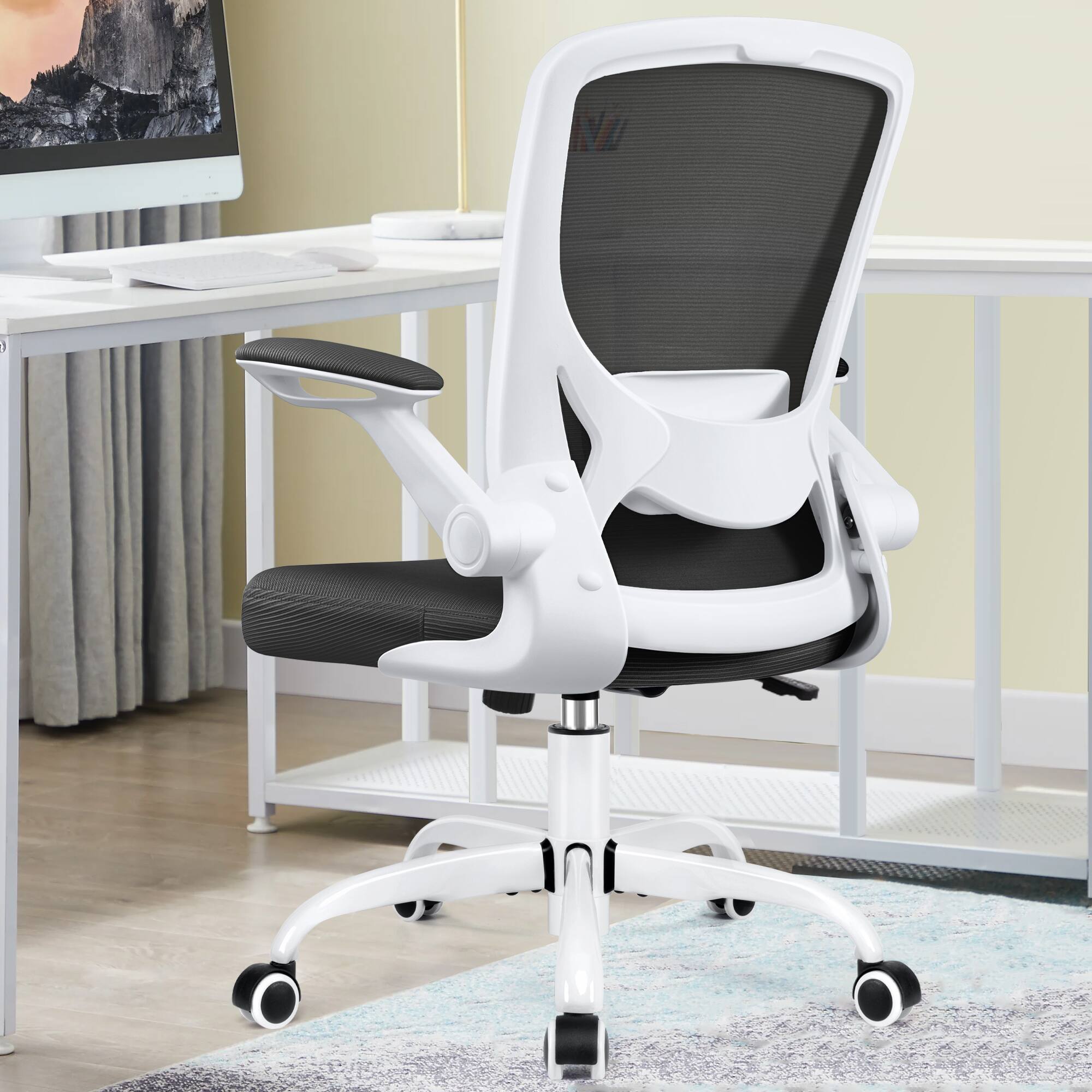 Alt View 4. KERDOM - Colorful Office Chair, Ergonomic Mesh Chair with Lumbar Support, Swivel Desk Chair with Flip-up Arms, Height Adjustable - White.