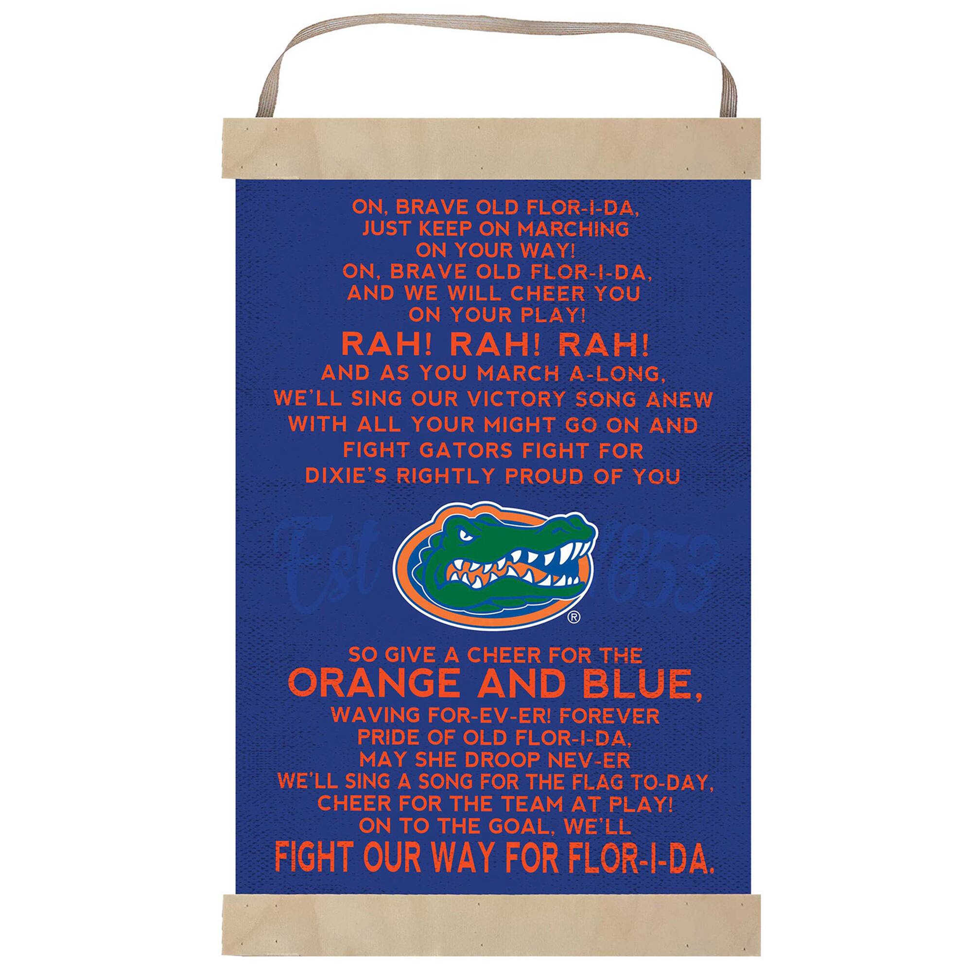 ON, BRAVE OLD FLOR-I-DA,  
JUST KEEP ON MARCHING ON YOUR WAY!  
ON, BRAVE OLD FLOR-I-DA,  
AND WE WILL CHEER YOU ON YOUR PLAY!  
RAH! RAH!  
AND AS YOU MARCH A-LONG,  
WE'LL SING OUR VICTORY SONG ANEW  
WITH ALL YOUR MIGHT GO ON AND  
FIGHT GATORS FIGHT FOR DIXIE'S RIGHTLY PROUD OF YOU  

SO GIVE A CHEER FOR THE  
ORANGE AND BLUE,  
WAVING FOR-EV-ER! FOREVER  
PRIDE OF OLD FLOR-I-DA,  
MAY SHE DROOP NEV-ER  
WE'LL SING A SONG FOR THE FLAG TO-DAY,  
CHEER FOR THE TEAM AT PLAY!  
ON TO THE GOAL, WE'LL FIGHT OUR WAY  
FOR FLOR-I-DA.