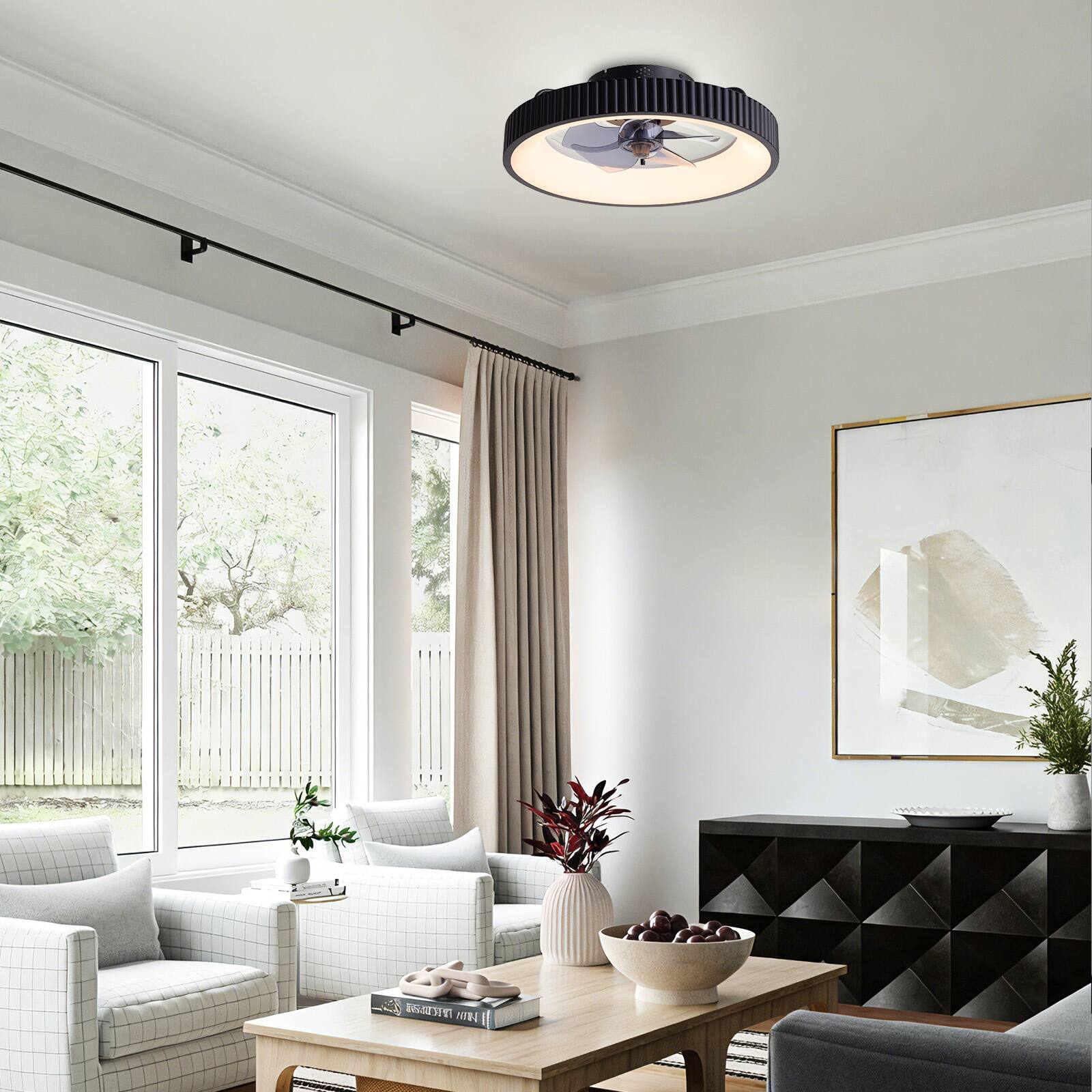 Alt View 2. Siljoy - 20 Inch Flush Mount Black Vertical Strip Ceiling Fan With Light Modern Minimalist Bladeless Fan Light For Bedroom - Black.