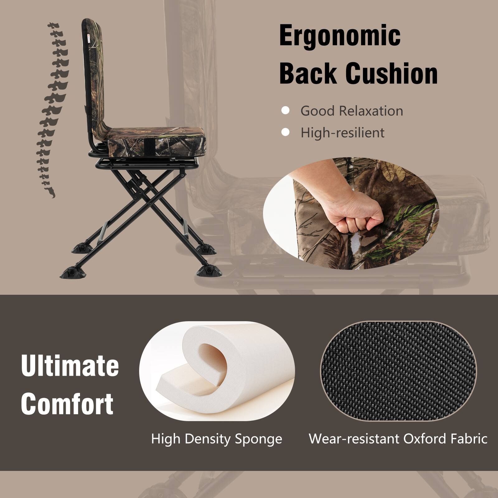 Ergonomic Back Cushion  
- Good Relaxation  
- High-resilient  

Ultimate Comfort  
- High Density Sponge  
- Wear-resistant Oxford Fabric