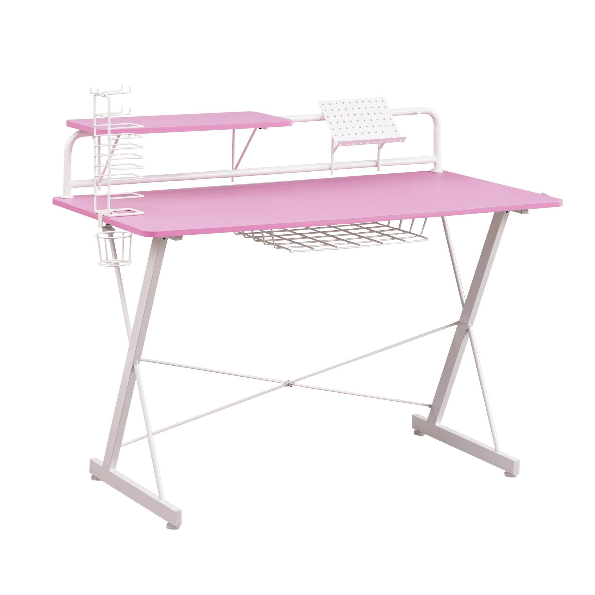 Alt View 4. GOODSILO - Premium Carbon Fiber Gaming Desk with Shelving and Dual Monitor Stands for Enhanced Gaming Experience - Pink.