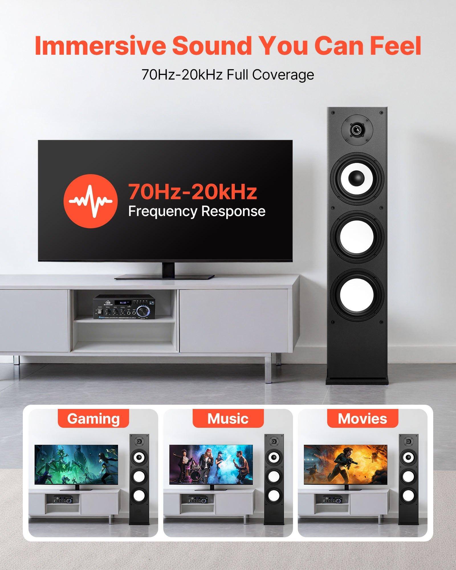 Immersive Sound You Can Feel  
70Hz-20kHz Full Coverage  
70Hz-20kHz Frequency Response  

Gaming  
Music  
Movies