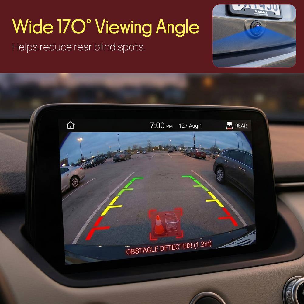 Wide 170° Viewing Angle  
Helps reduce rear blind spots.  

SUBARU  
7:00 PM 12/ Aug 1  
REAR DETECTED! (1.2m)  
OBSTACLE