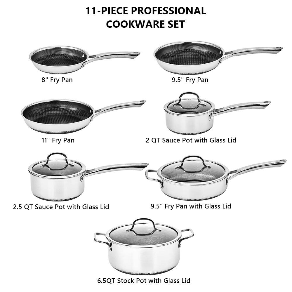 11-PIECE PROFESSIONAL COOKWARE SET

- 8" Fry Pan
- 9.5" Fry Pan
- 11" Fry Pan
- 2 QT Sauce Pot with Glass Lid
- 2.5 QT Sauce Pot with Glass Lid
- 9.5" Fry Pan with Glass Lid
- 6.5 QT Stock Pot with Glass Lid