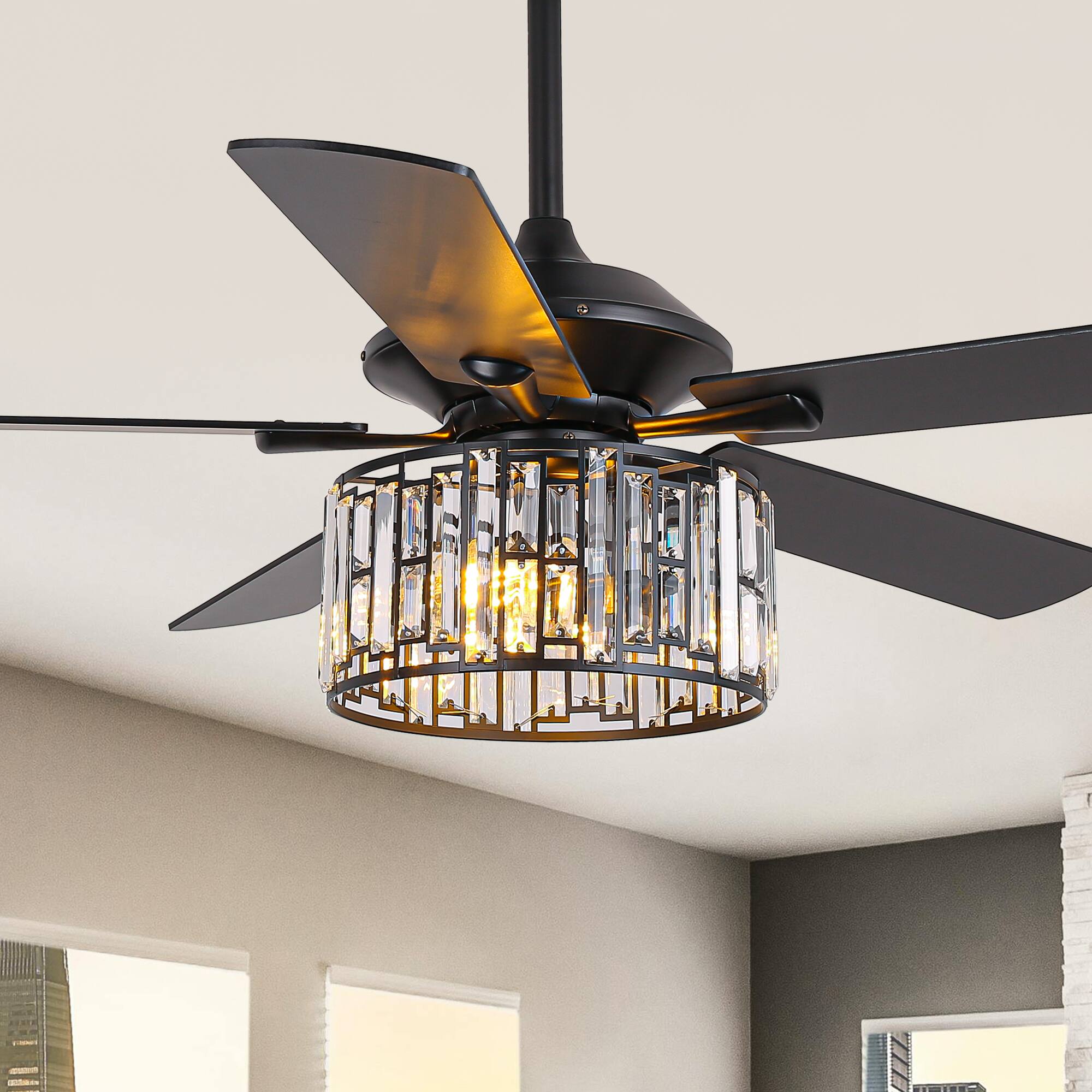 Front. Parrot Uncle - 52"Modern Crystal Chandelier Ceiling Fan with Light and Remote - Matte Black.
