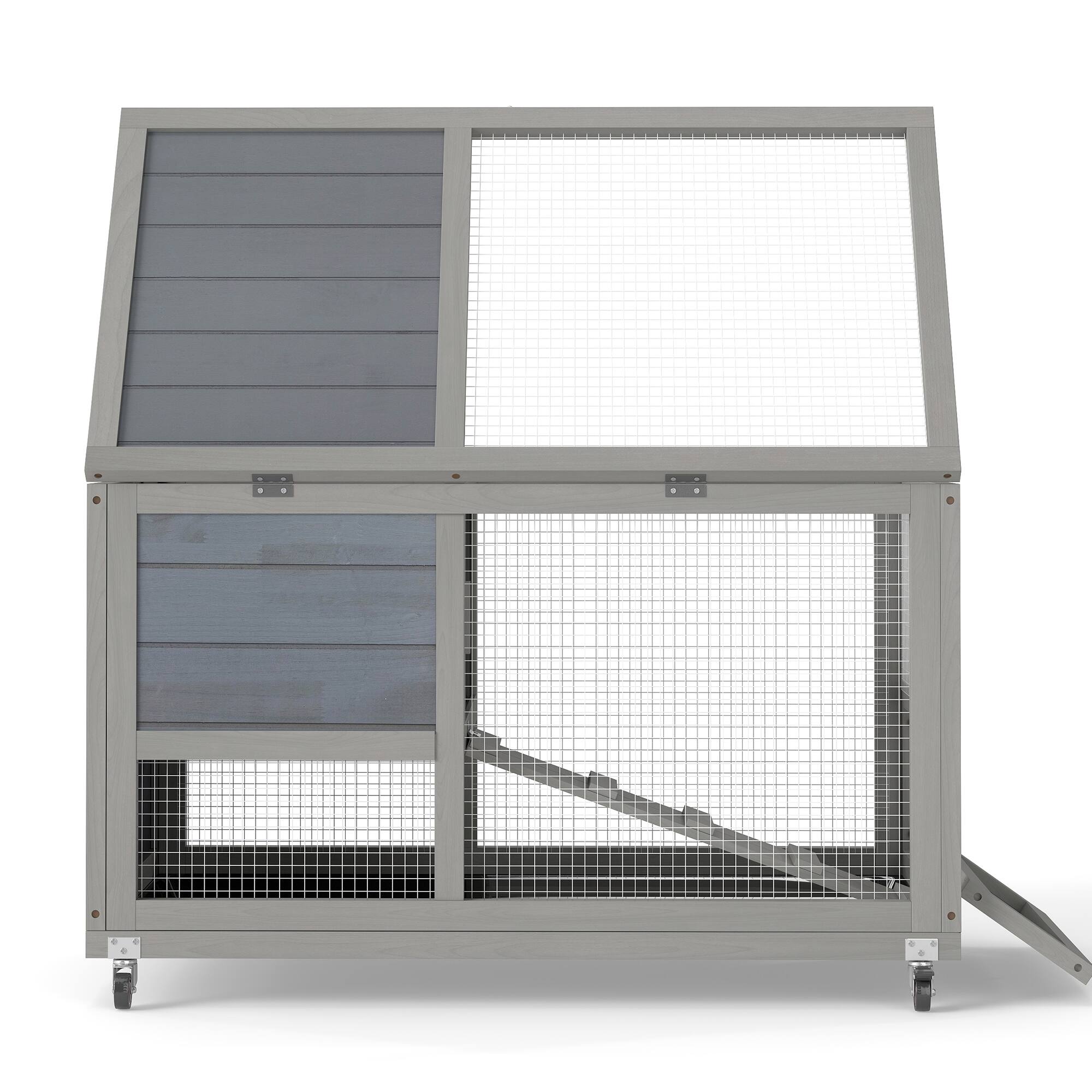 Alt View 1. Boyel Living - Gray with Colorful Prints 2Tier Bunny Hutch Wood Rabbit Cage on Wheels with Openable Roof Ramp EasytoClean Tray Guine - Gray.