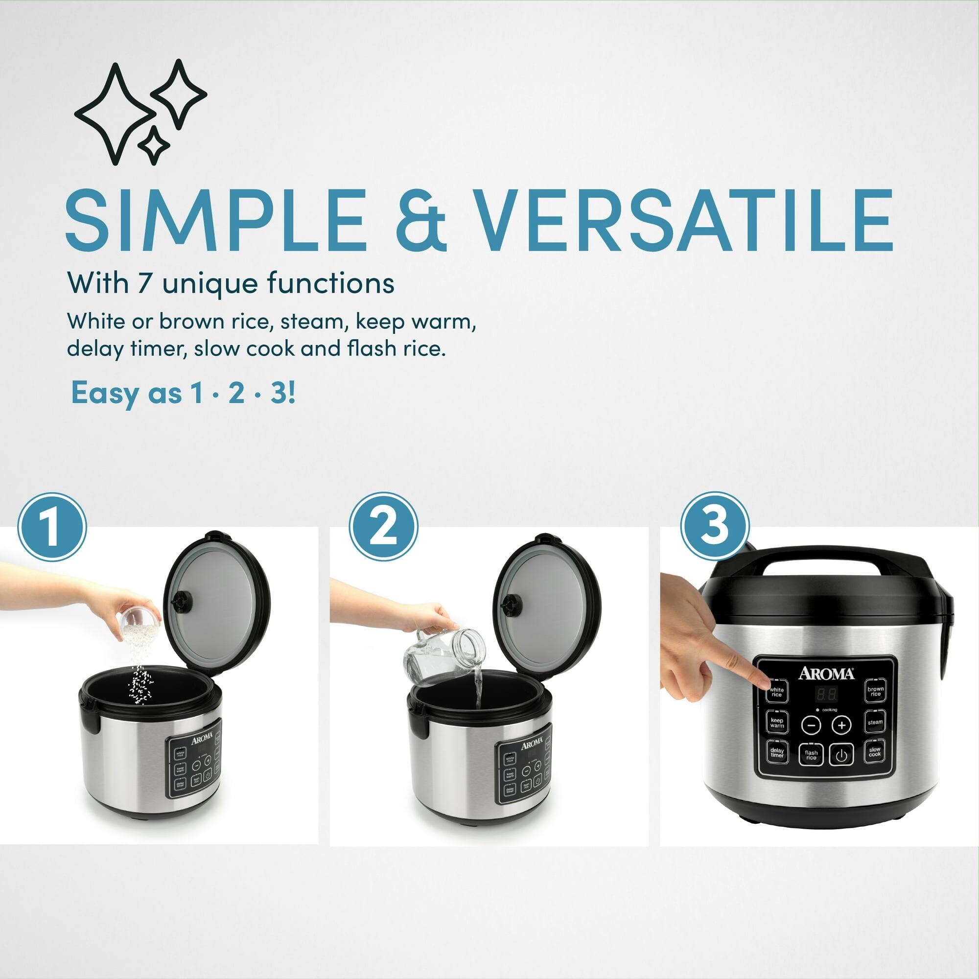 SIMPLE & VERSATILE  
With 7 unique functions  
White or brown rice, steam, keep warm, delay timer, slow cook and flash rice.  
Easy as 1 • 2 • 3!  

1.  
2.  
3.