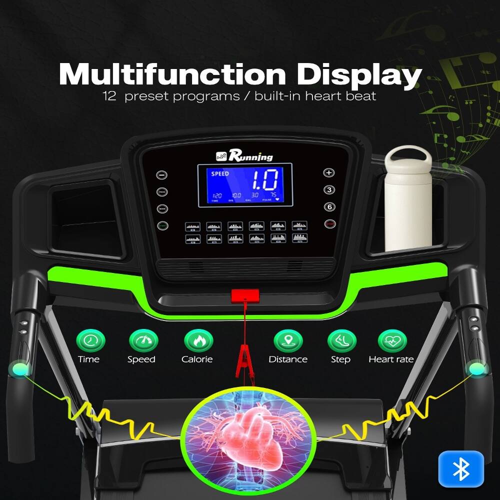 Multifunction Display  
12 preset programs / built-in heart beat  

Running  
SPEED 1.0 OS1  
10 DE 25 - + 3 6  

Time m  
Speed  
Calorie  
Distance  
Step  
Heart rate