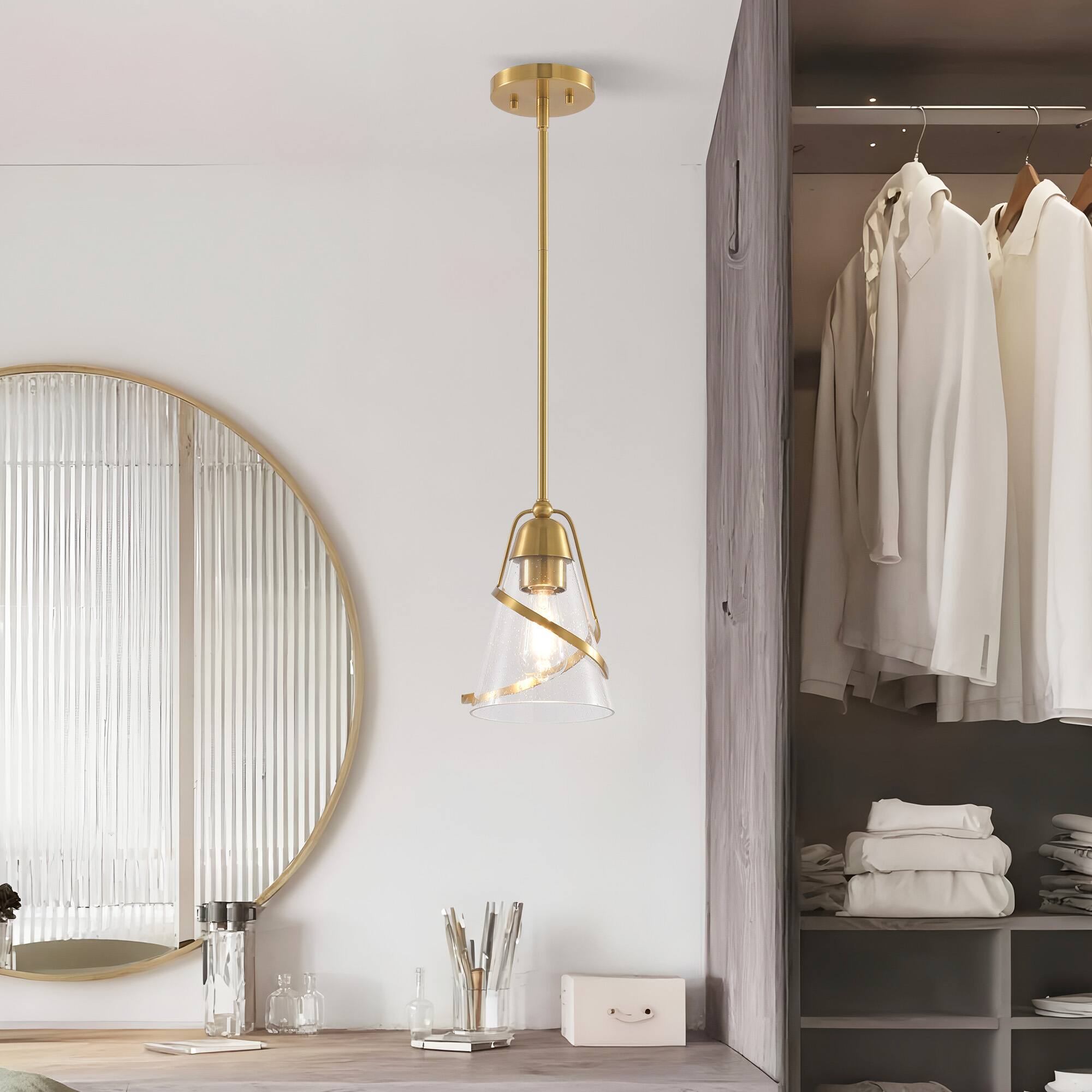 Front. Parrot Uncle - 7" Modern Gold Pendant Light with Seed Glass Shade - Gold.