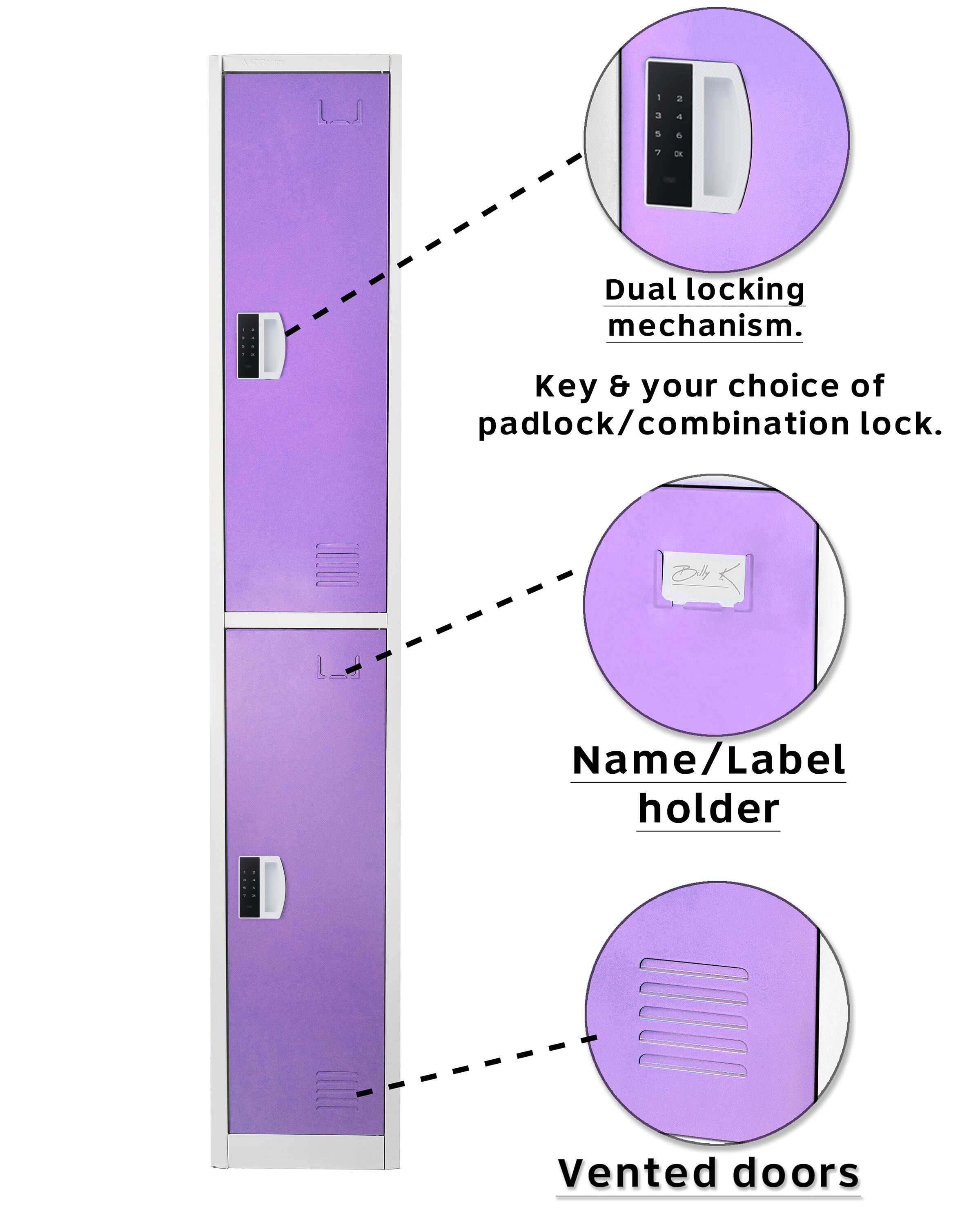 Dual locking mechanism. Key & your choice of padlock/combination lock. Name/Label holder Vented doors