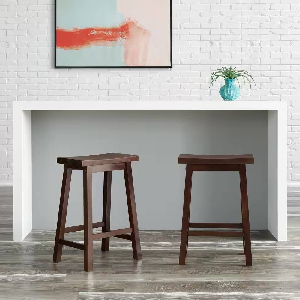 Angle. SlickBlue - Rustic Counter Height Saddle Barstools – Set of 2 Wood Farmhouse Style - Walnut.