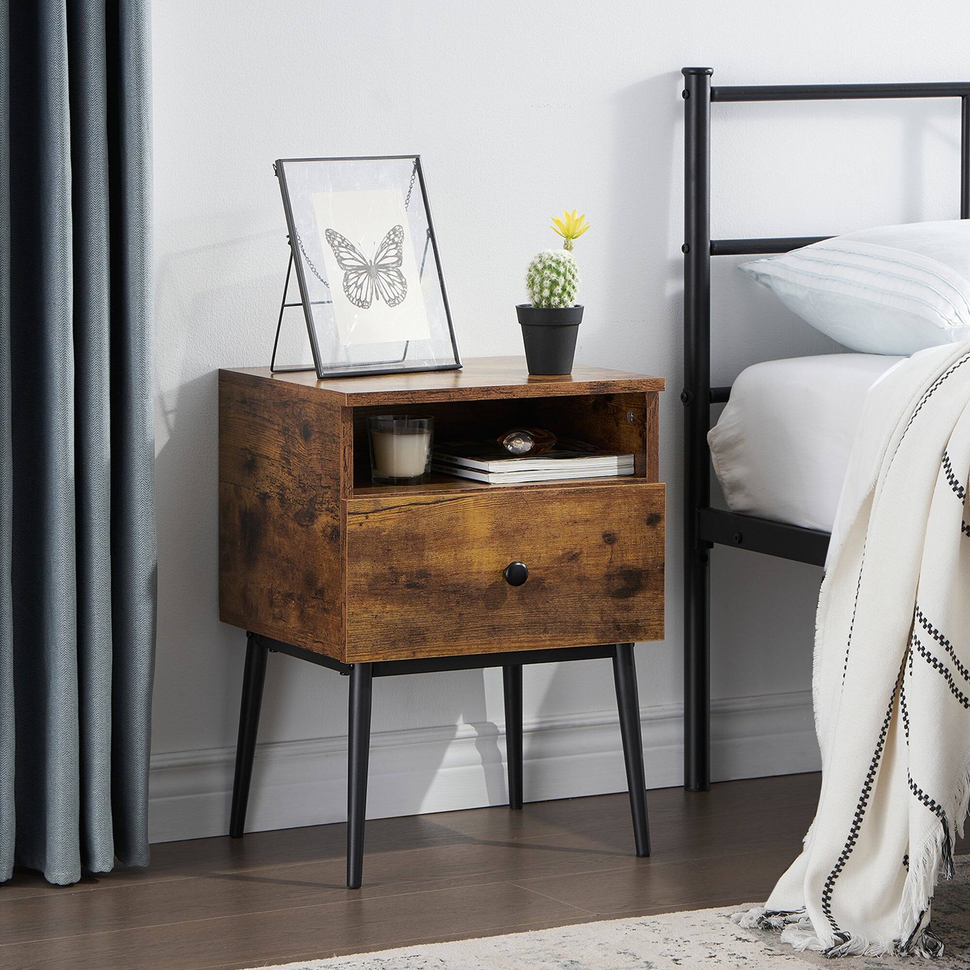 Vecelo - Nightstand Set of 2, Bedside Table with Drawer - MDF Wood End Table with Storage Shelf for Bedroom - Antique Brown