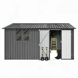 RYHNUYNE - 12x10 Ft Grey Metal Shed Window Shelves Worktable Hinged Door Padlock Garden Yard - Gray
