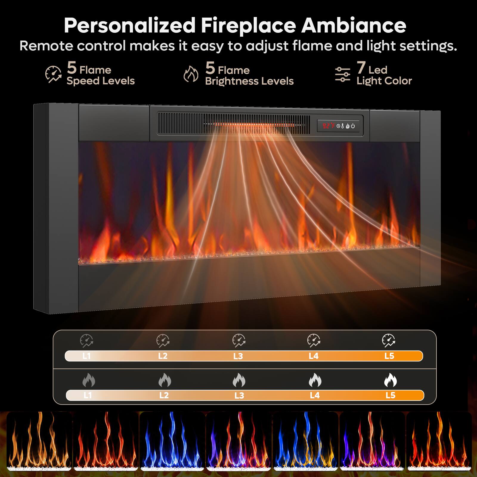 Personalized Fireplace Ambiance Remote control makes it easy to adjust flame and light settings. 5 Flame Speed Levels 5 Flame Brightness Levels 7 Led Light Color

92F0800

L1
L2
L3
L4
L5