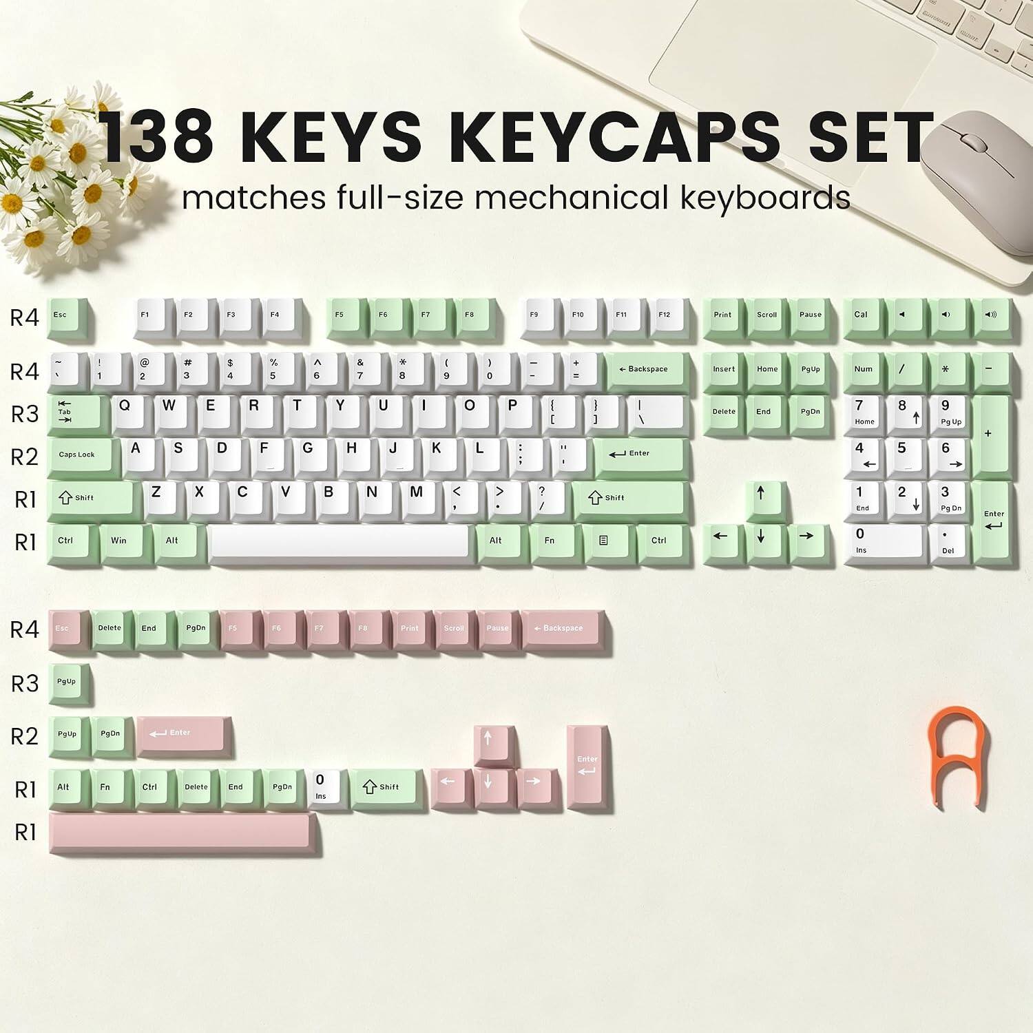 138 KEYS KEYCAPS SET matches full-size mechanical keyboards

R4
Esc
F1
F2
F3
F4
F5
F6
F7
F8
F9
F10
F11
F12
Print
Scroll
Pause
Cal
Backspace
Insert
Home
PgUp
Num 7
Num 8
Num 9
PgUp
R2
Caps Lock
Q
W
E
R
T
Y
U
I
O
P
A
S
D
F
G
H
J
K
L
Z
X
C
V
B
N
M
Shift
1
2
3
4
5
6
7
8
9
0
Enter
Ctrl
Win
Alt
Fn
Ctrl
Delete
End
PgDn
0
Ins
Del

R4
Esc
Delete
End
PgDn
F5
F6
F7
F8
Print
Scroll
Pause
Backspace
R3
PgUp
R2
PgUp
PgDn
Enter
Enter
RI
Alt
