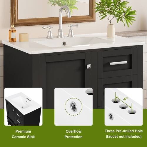 4" Premium Ceramic Sink Overflow Protection Three Pre-drilled Hole (faucet not included)