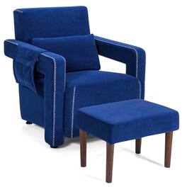Costway - Modern Berber Fleece Sofa Chair with Ottoman and Waist Pillow - Deep Sapphire Blue