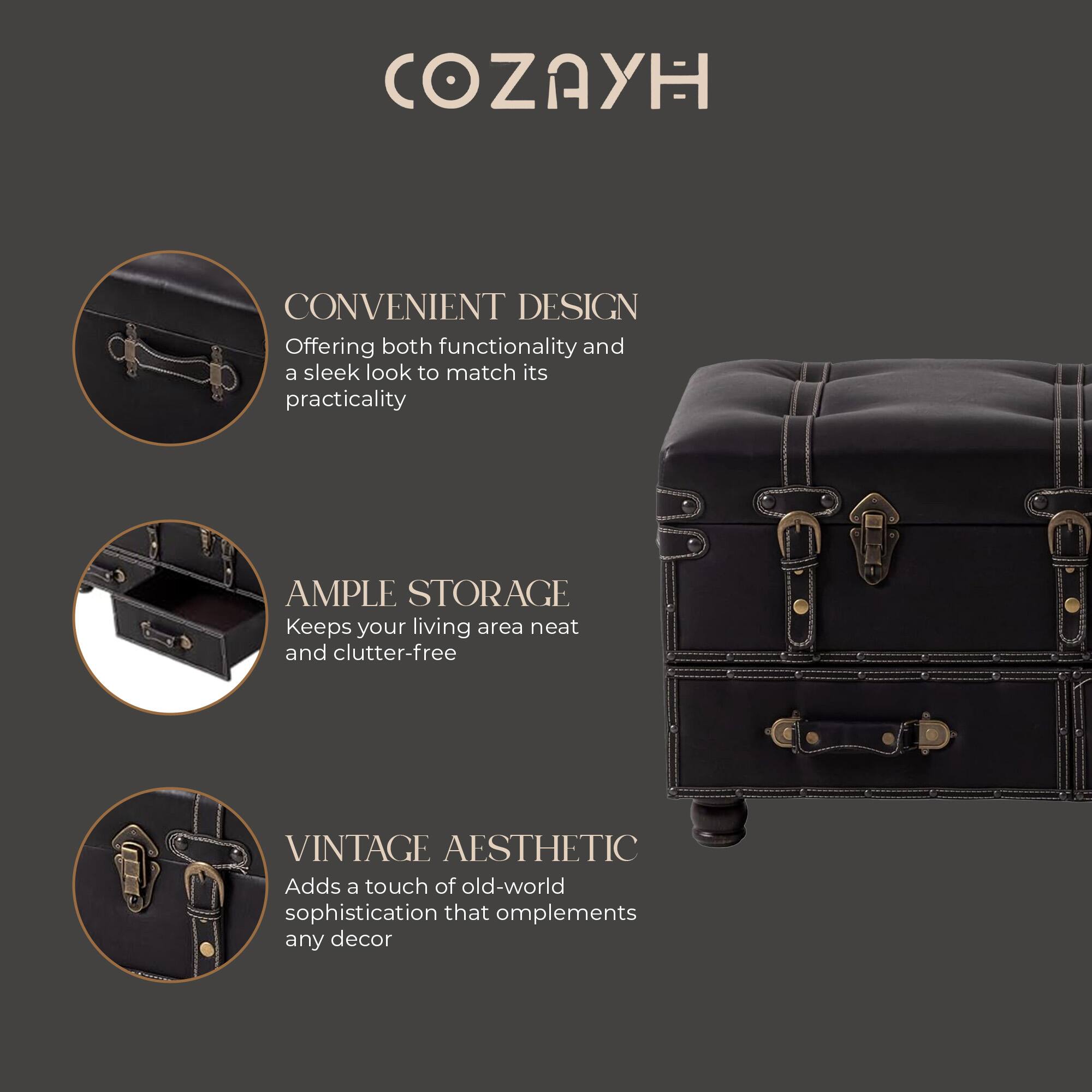 COZAYH

CONVENIENT DESIGN  
Offering both functionality and a sleek look to match its practicality

AMPLE STORAGE  
Keeps your living area neat and clutter-free

VINTAGE AESTHETIC  
Adds a touch of old-world sophistication that complements any decor