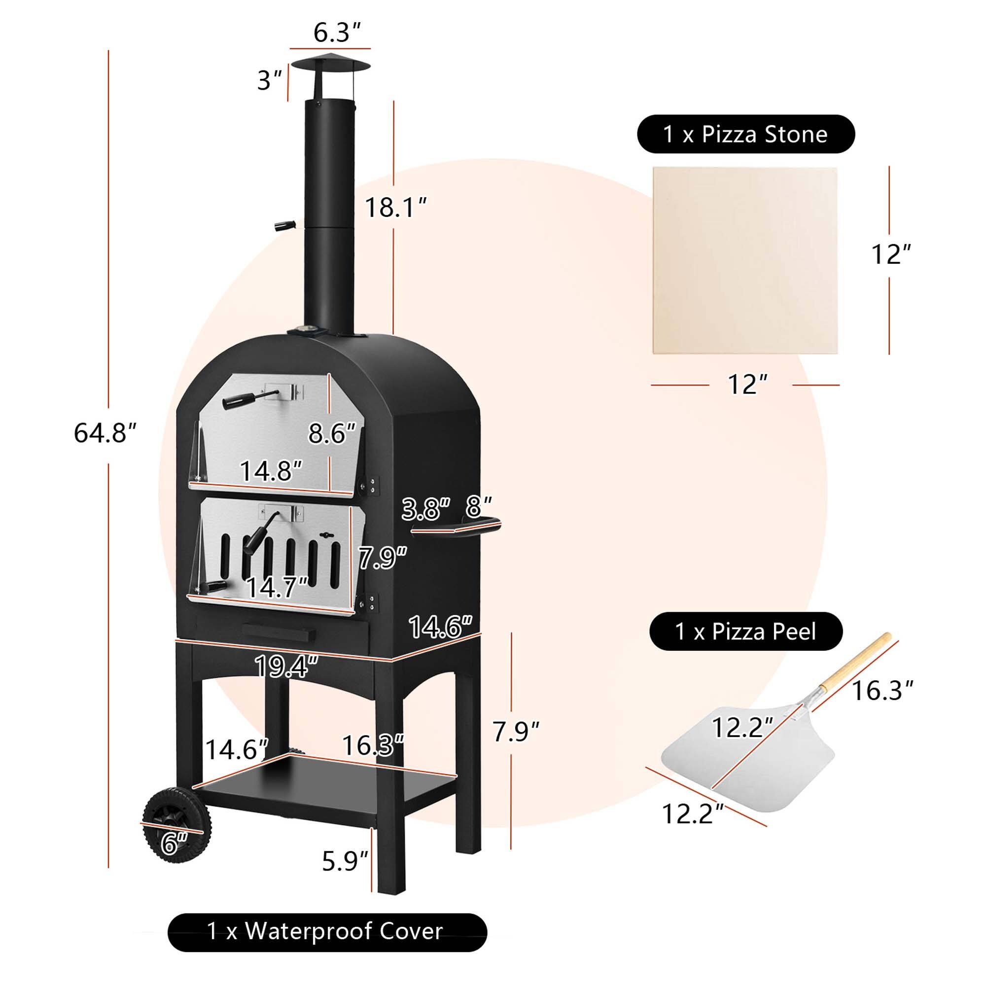 The image features a pizza oven with a waterproof cover, a pizza peel, and a pizza stone. The oven is described as having a 6.3" x 3" interior, and it is accompanied by a 12" x 12" pizza stone and a 12" x 8" pizza peel. The oven is also equipped with a 14.8" x 7.9" door, and it is designed to be 19" tall. The image also includes a 14.6" x 14.7" interior, and a 16.3" x 16.3" exterior.