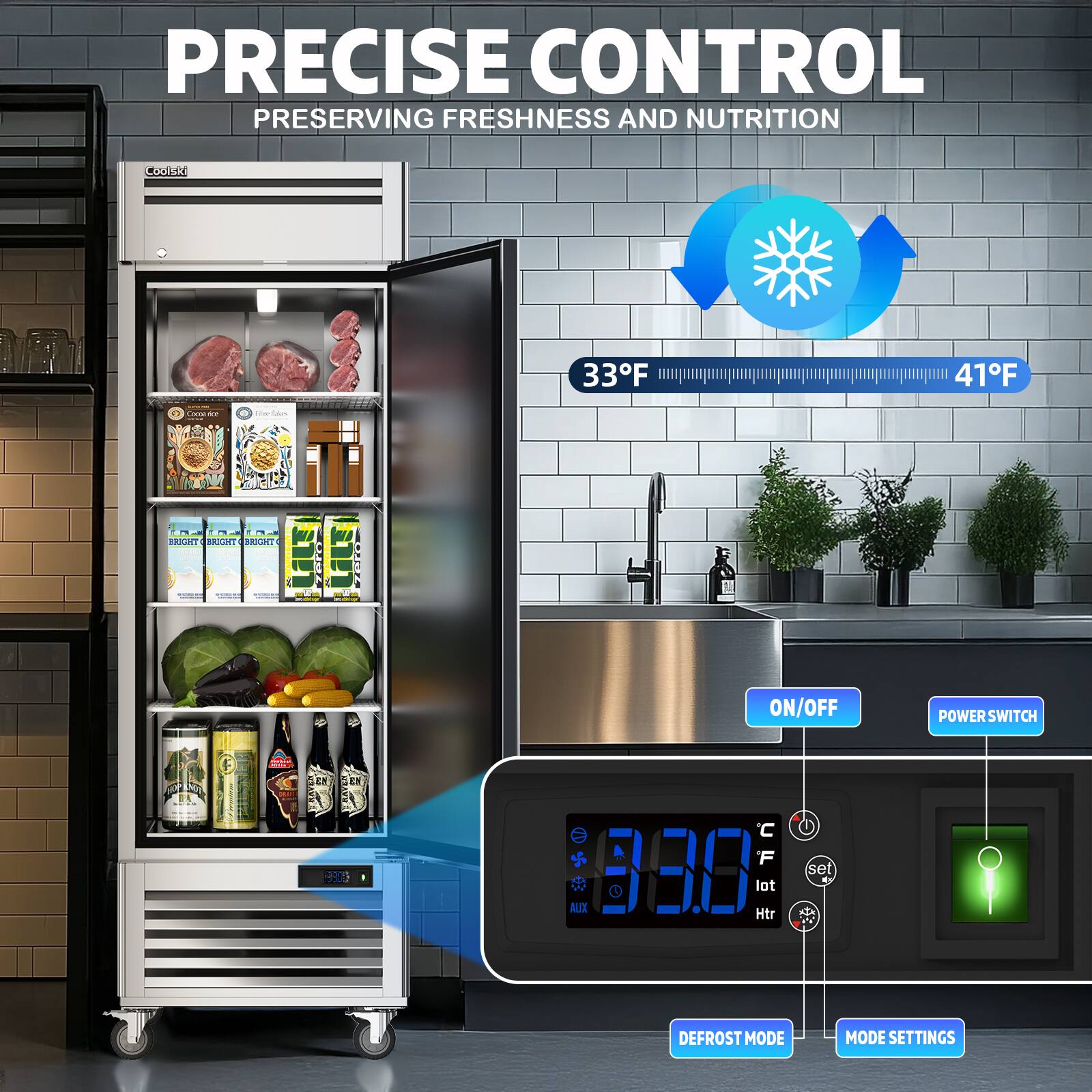 PRECISE CONTROL  
PRESERVING FRESHNESS AND NUTRITION  

33°F - 41°F  

ON/OFF  
POWER SWITCH  
DEFROST MODE  
MODE SETTINGS  

33.0°C  
lot Htr  

AUX