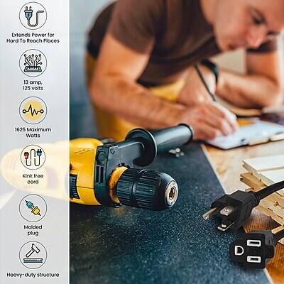 Extends Power for Hard to Reach Places

13 amp, 125 volts

1625 Maximum Watts

Kink-free cord

Molded plug

Heavy-duty structure