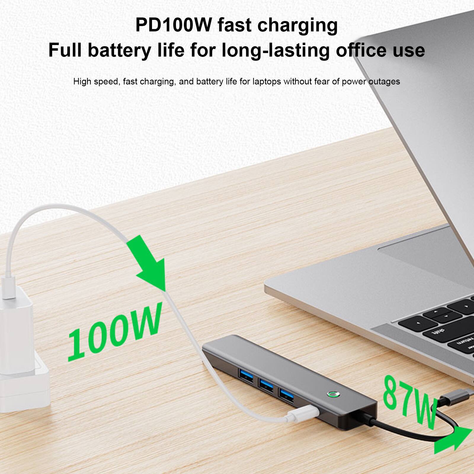 PD100W fast charging  
Full battery life for long-lasting office use  

High speed, fast charging, and battery life for laptops without fear of power outages  

100W  
87W