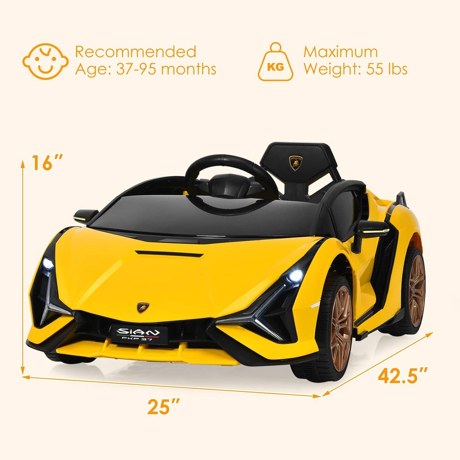 Recommended Age: 37-95 months  
Maximum Weight: 55 lbs  

16"  
25"  
42.5"