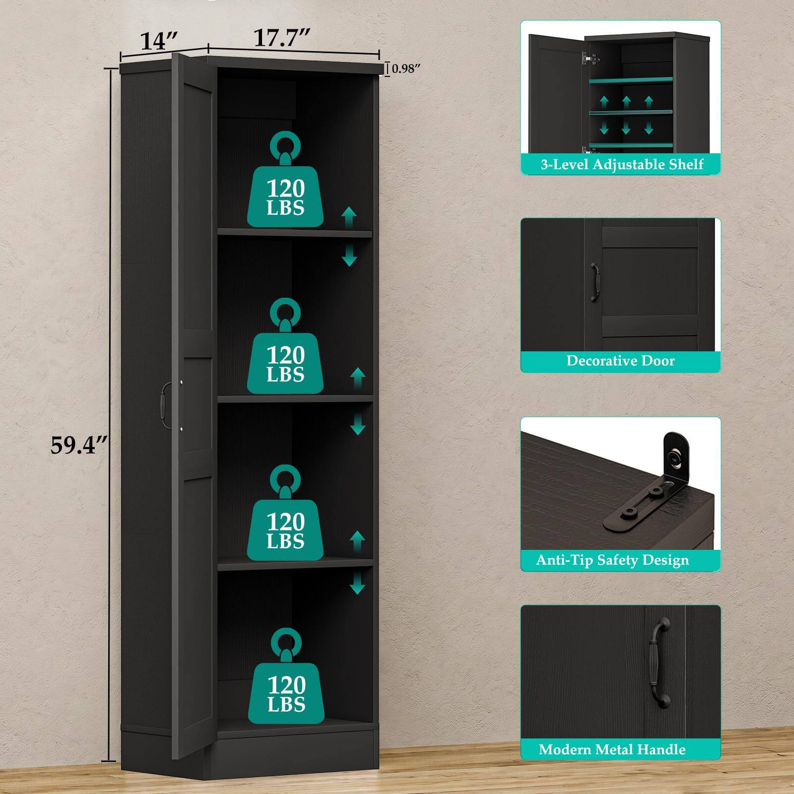 14"  
17.7"  
0.98"  
120 LBS  
3-Level Adjustable Shelf  
120 LBS  
Decorative Door  
59.4"  
120 LBS  
Anti-Tip Safety Design  
120 LBS  
Modern Metal Handle